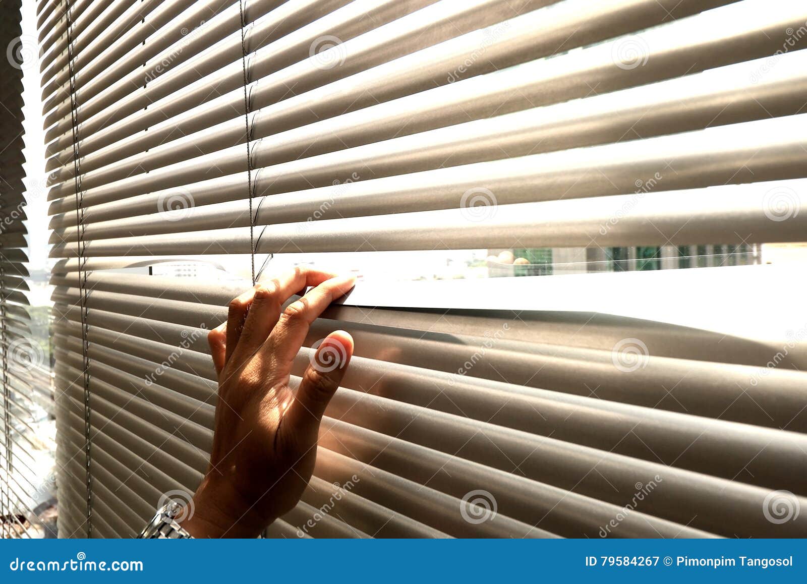 Hand Taking a Peek through the Window Blinds Stock Image - Image of ...