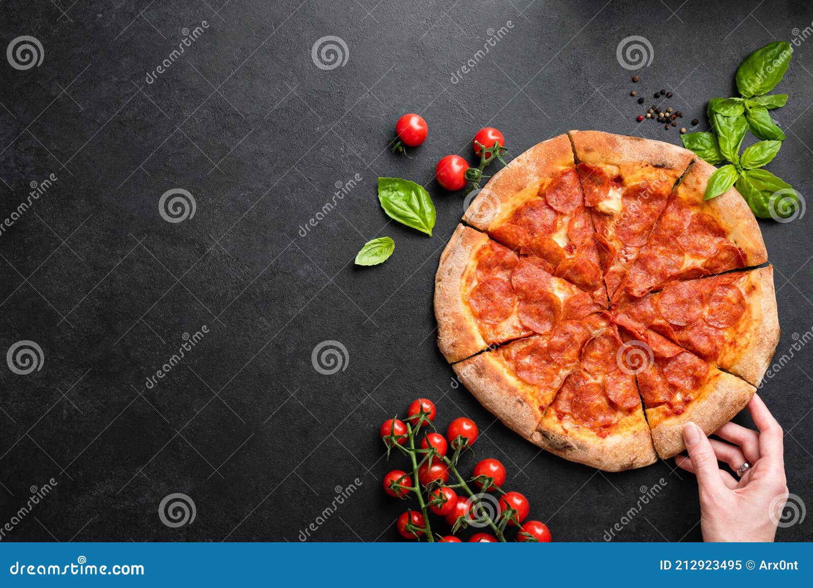 Hand Taking Slice Of Pepperoni Pizza Stock Image Image Of Concrete