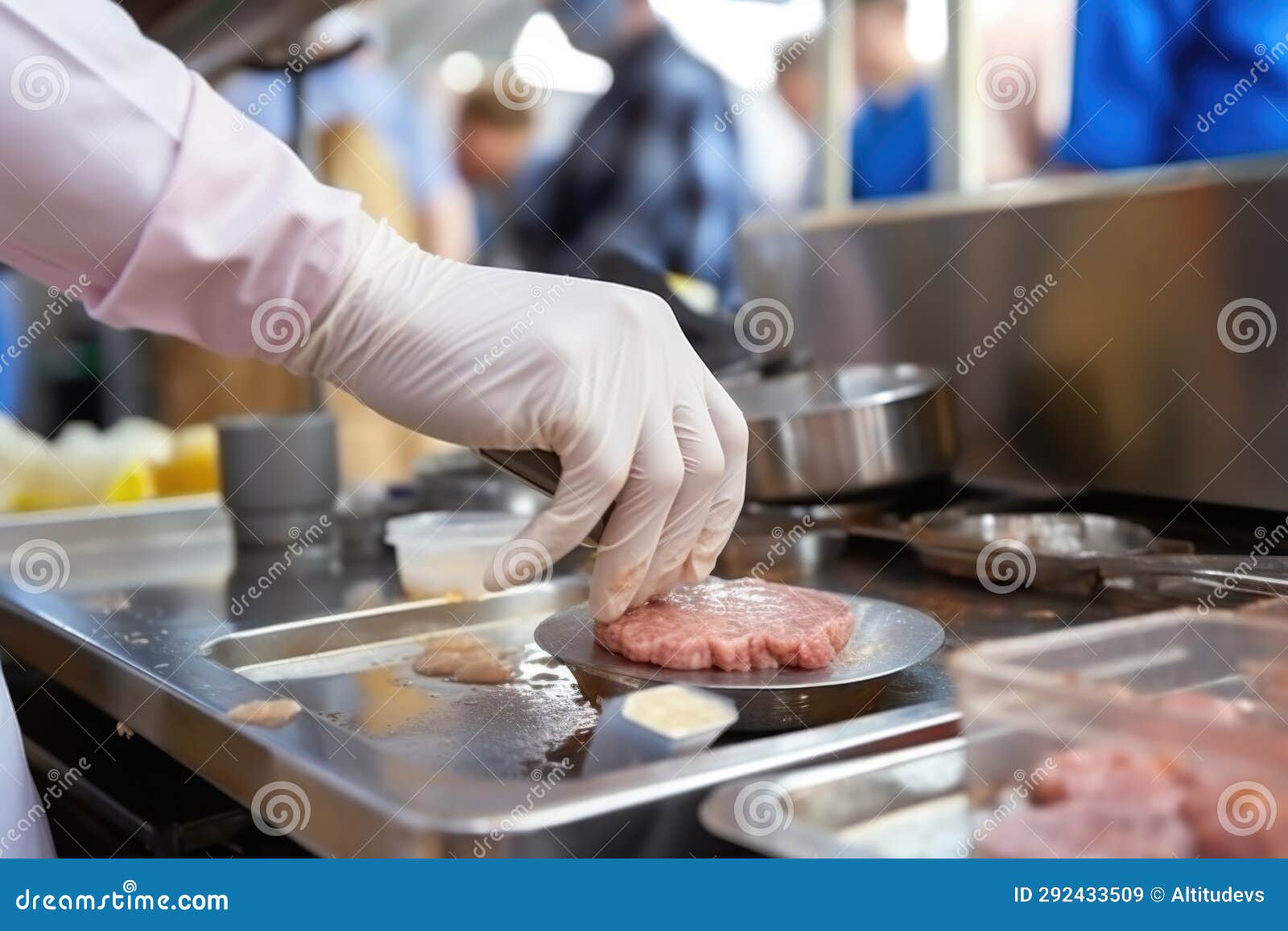 Hand Testing Meat Temperature of Burger Patty at Food Stall Stock Image
