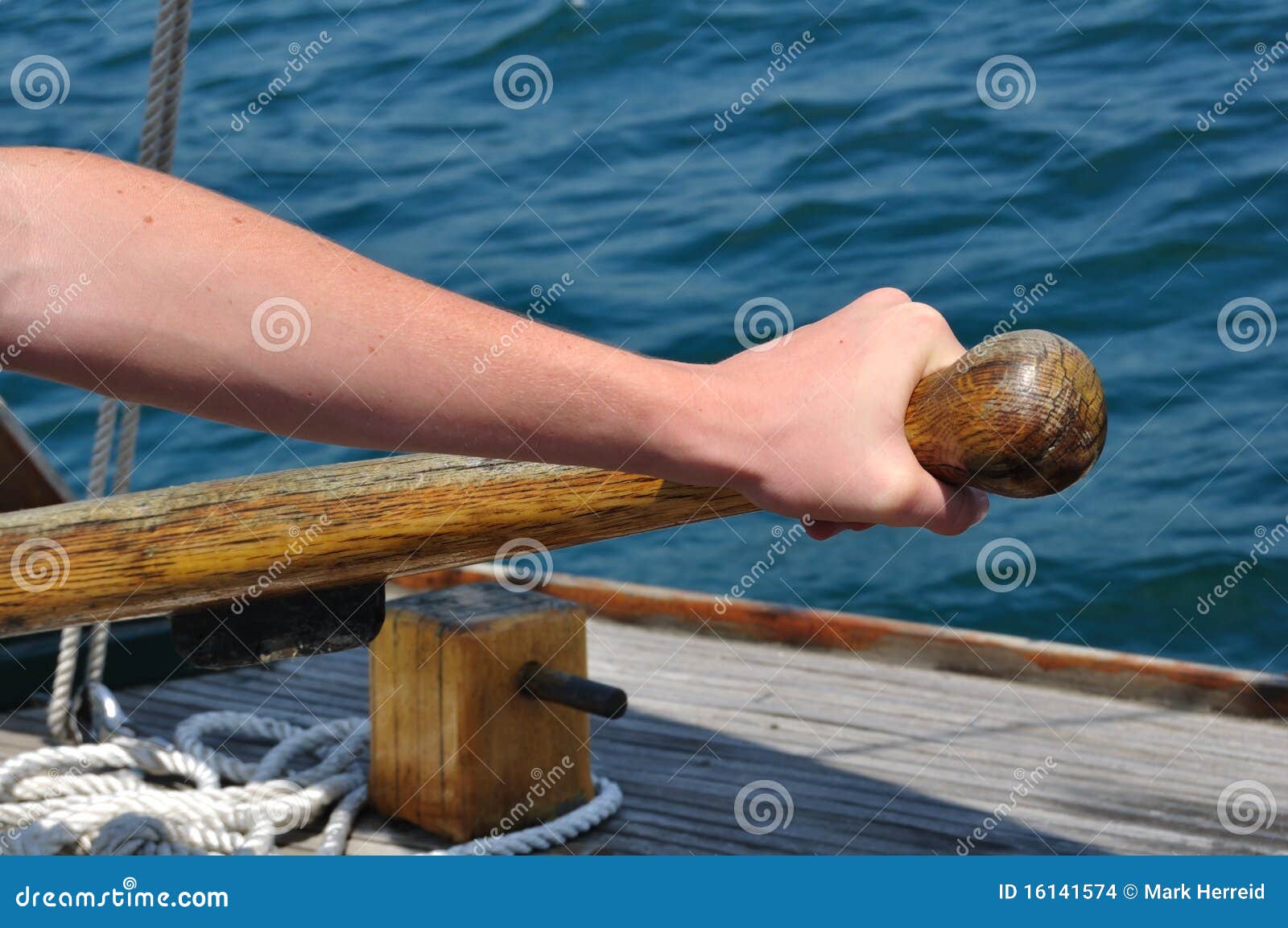 Hand on Tiller Steering a Schooner Sailboat Stock Photo Image of