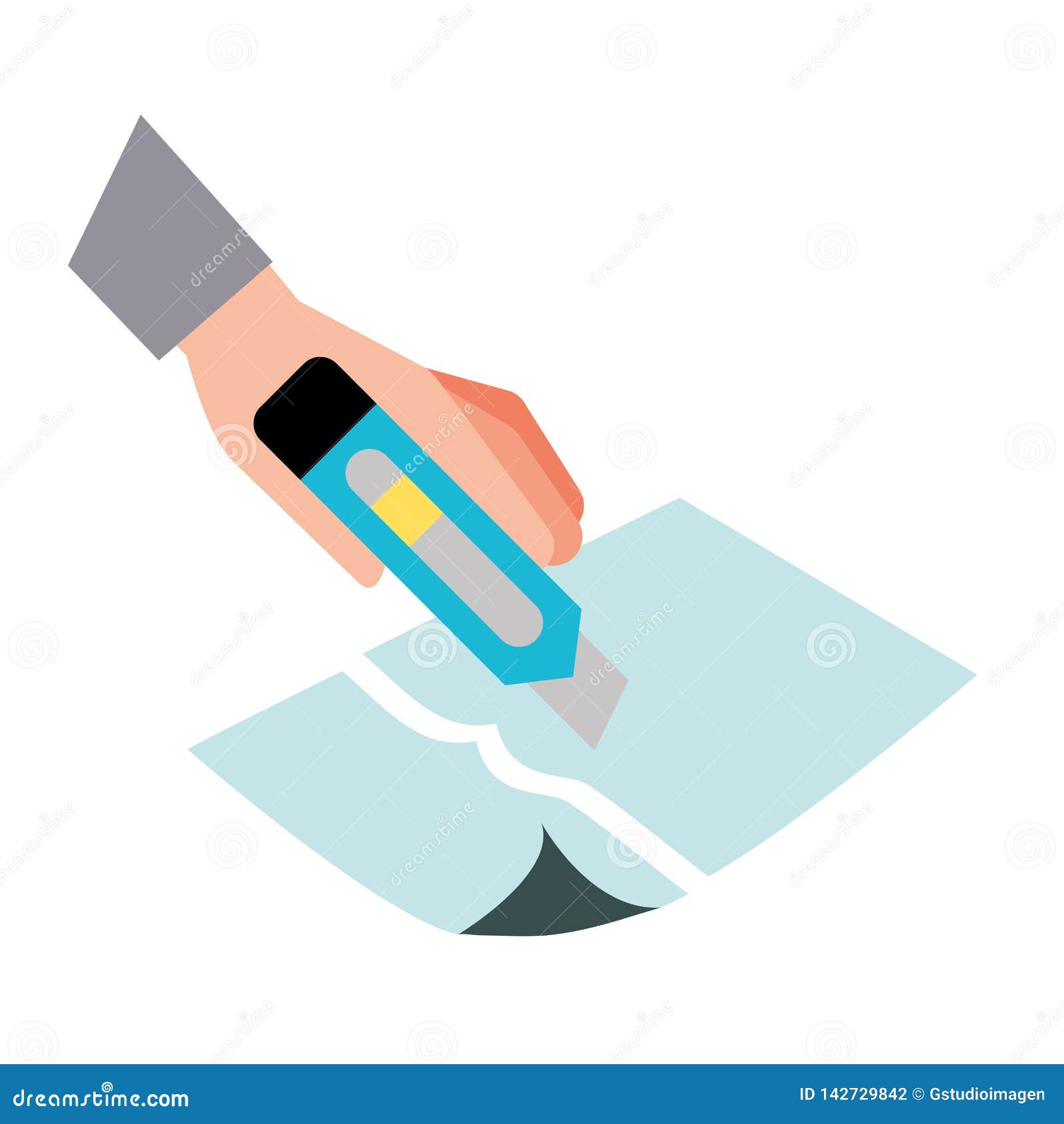 Hand with the Tool Cutting a Paper Stock Vector Illustration of