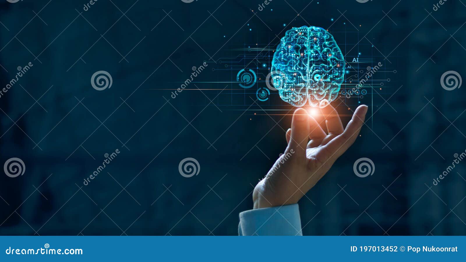 hand touching brain of ai, ic, machine learning, artificial intelligence of futuristic technology. ai network of brain
