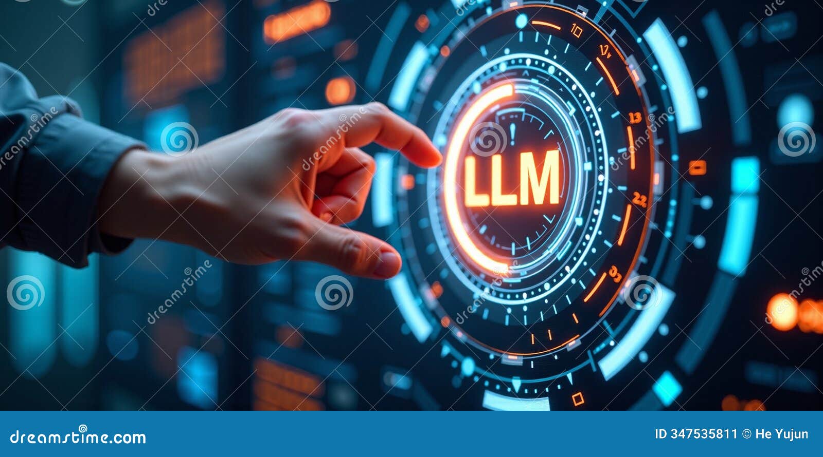 hand touching glowing llm icon and business analytics interface