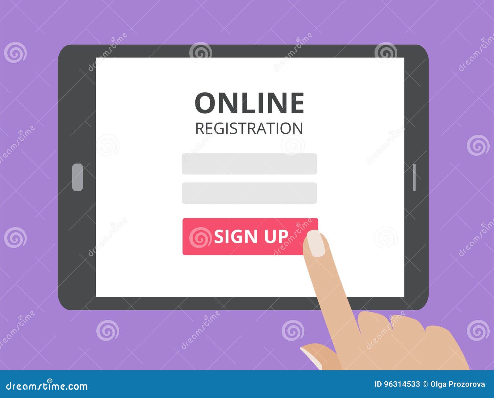 hand touching screen of tablet computer with online registration form and sign up button.