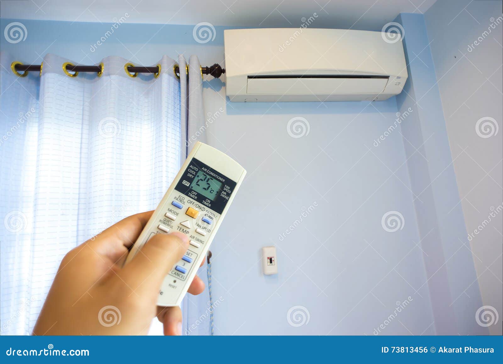 Hand Turning on Home Air Conditioning Stock Photo Image of instrument