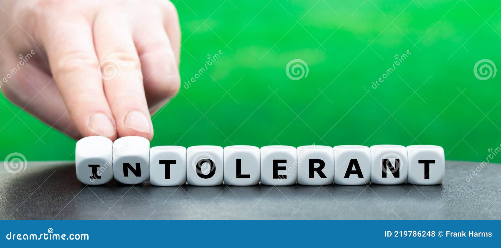 hand turns dice and changes the word `intolerant` to `tolerant`.