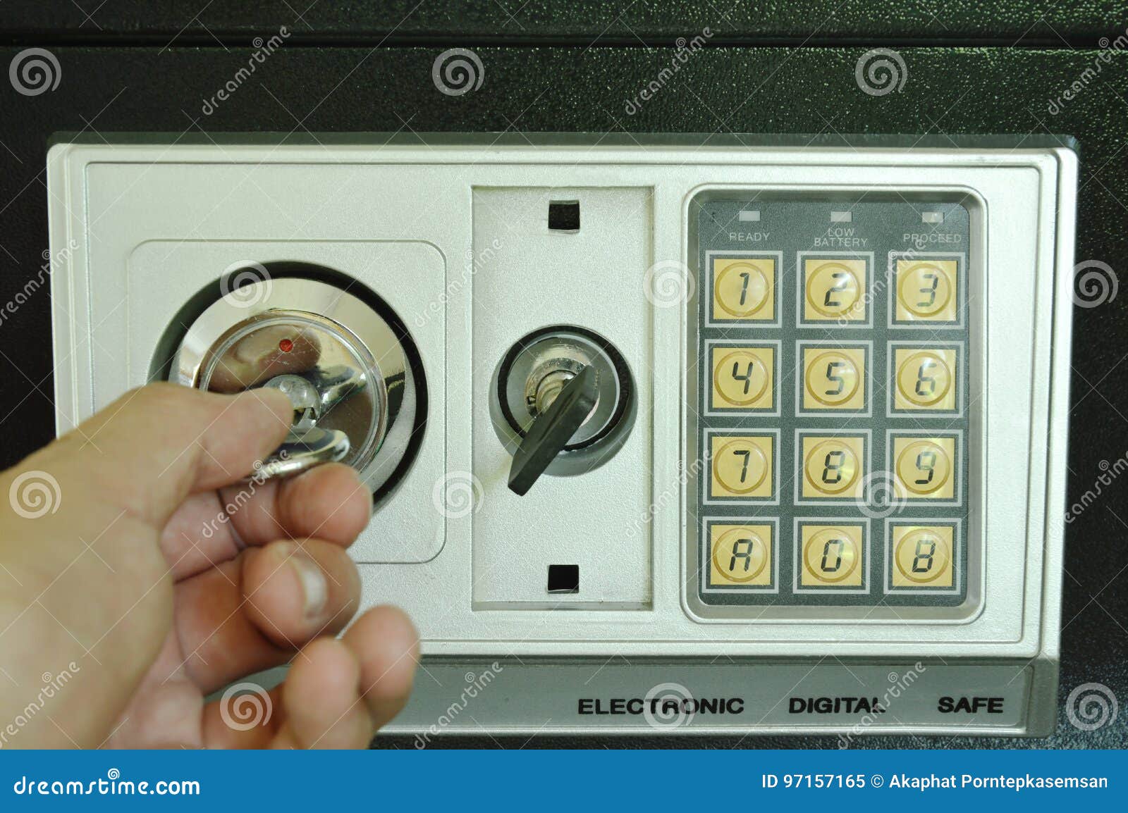 Hand Twist Key To Hole For Open Safe Box With Security Electronic Number Stock Image Image Of Number Black 97157165