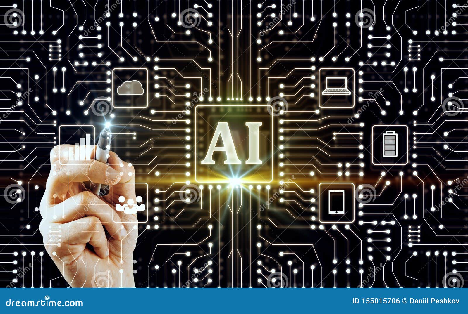 Hand using AI interface stock photo. Image of data, intelligence