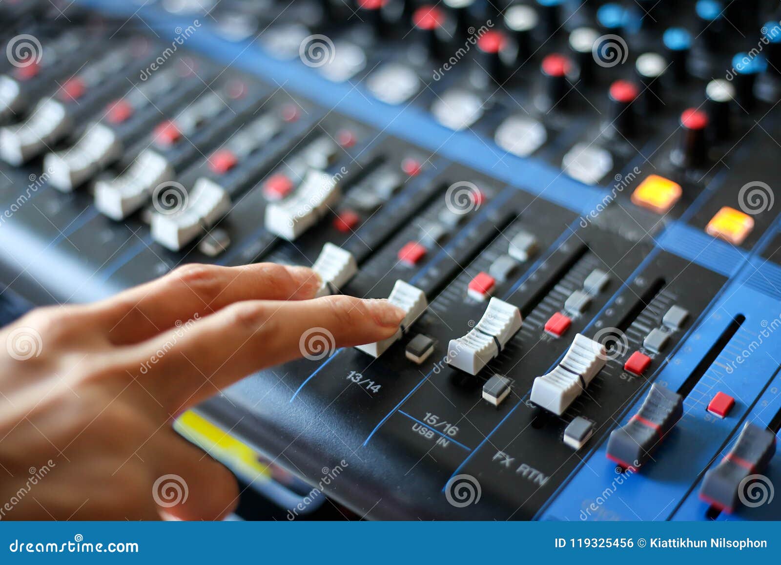 Hand Using Mixing Console Sound Recording Studio Mixing Desk Wit