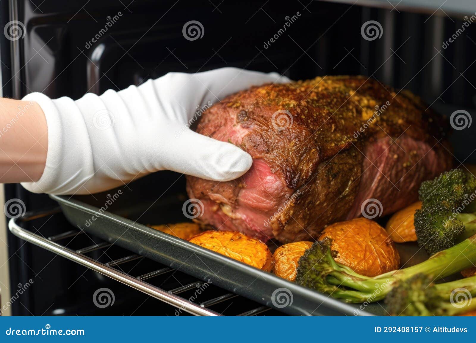 Hand Using Oven Mitt To Remove Beef Roast from Oven Stock Image Image