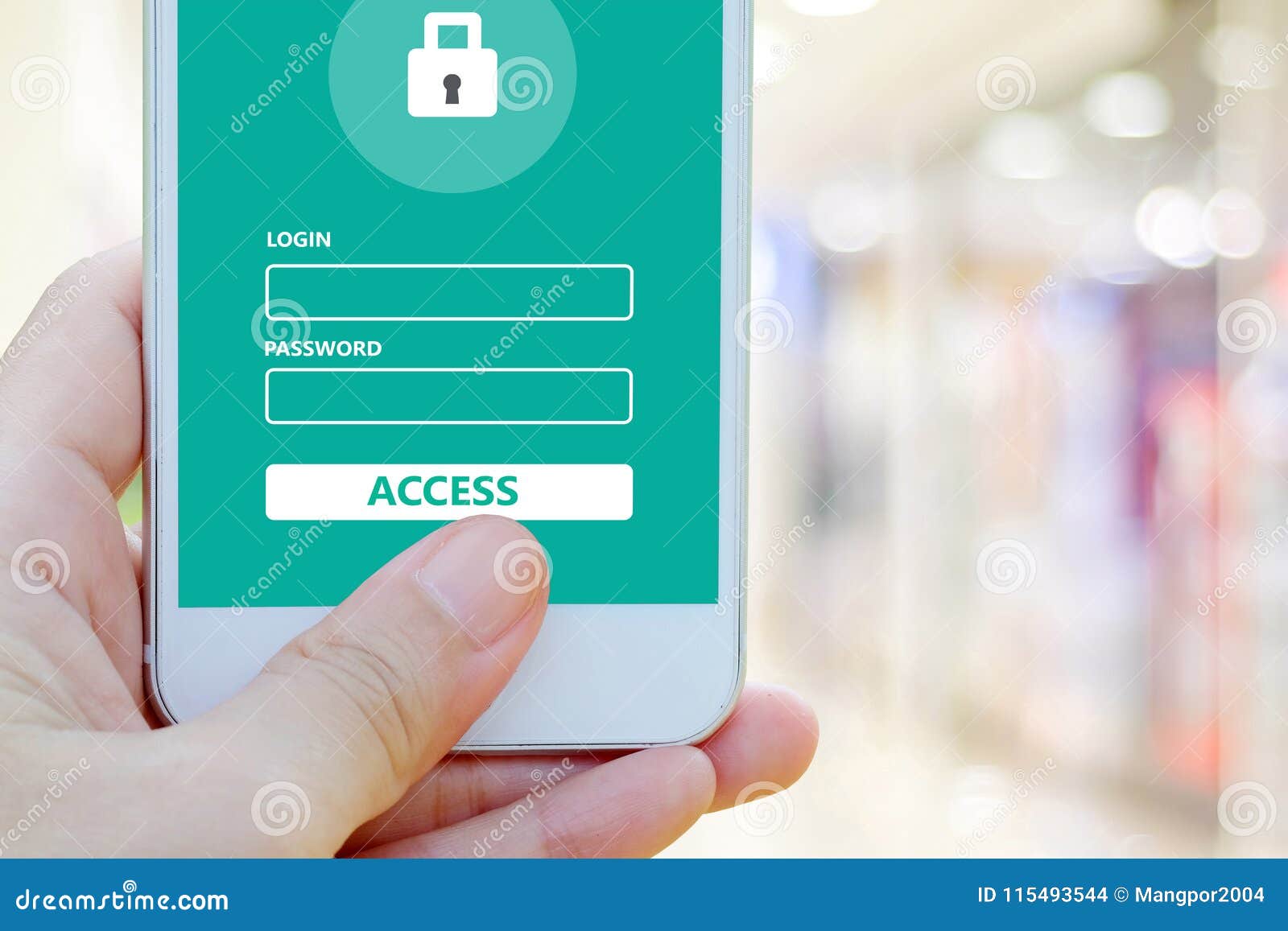 hand using smart phone with password login on screen over blur b