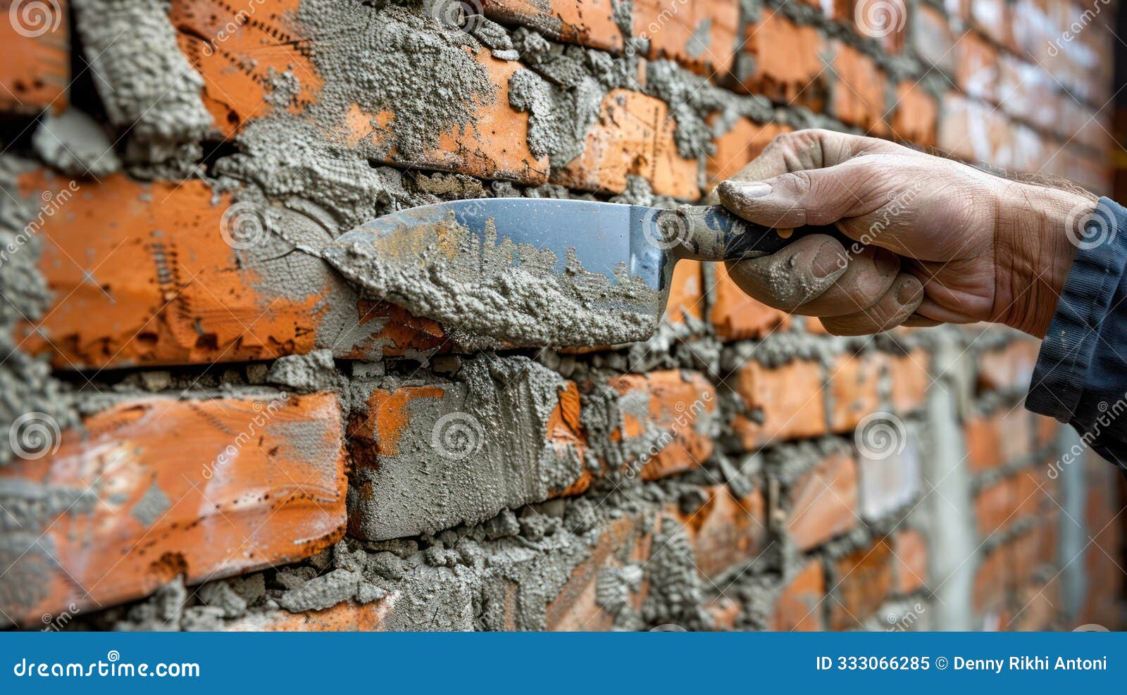 hand using a trowel to smooth mortar between bricks