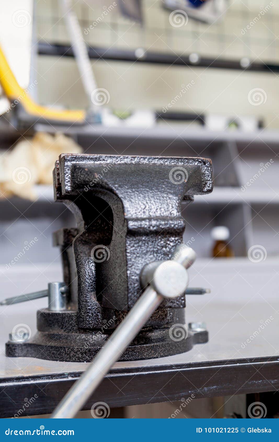 Hand on Gray Bench Vise Closeup Stock Image Image of master, metal