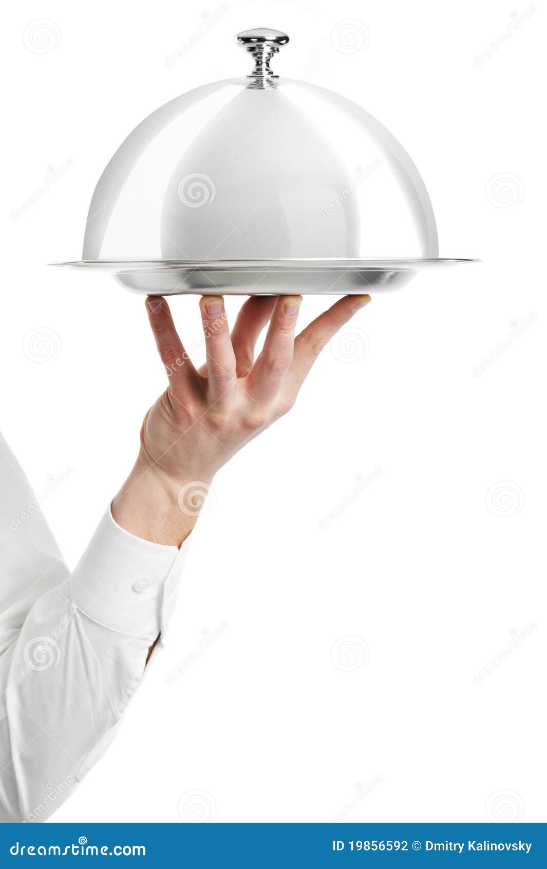 hand of waiter with cloche lid