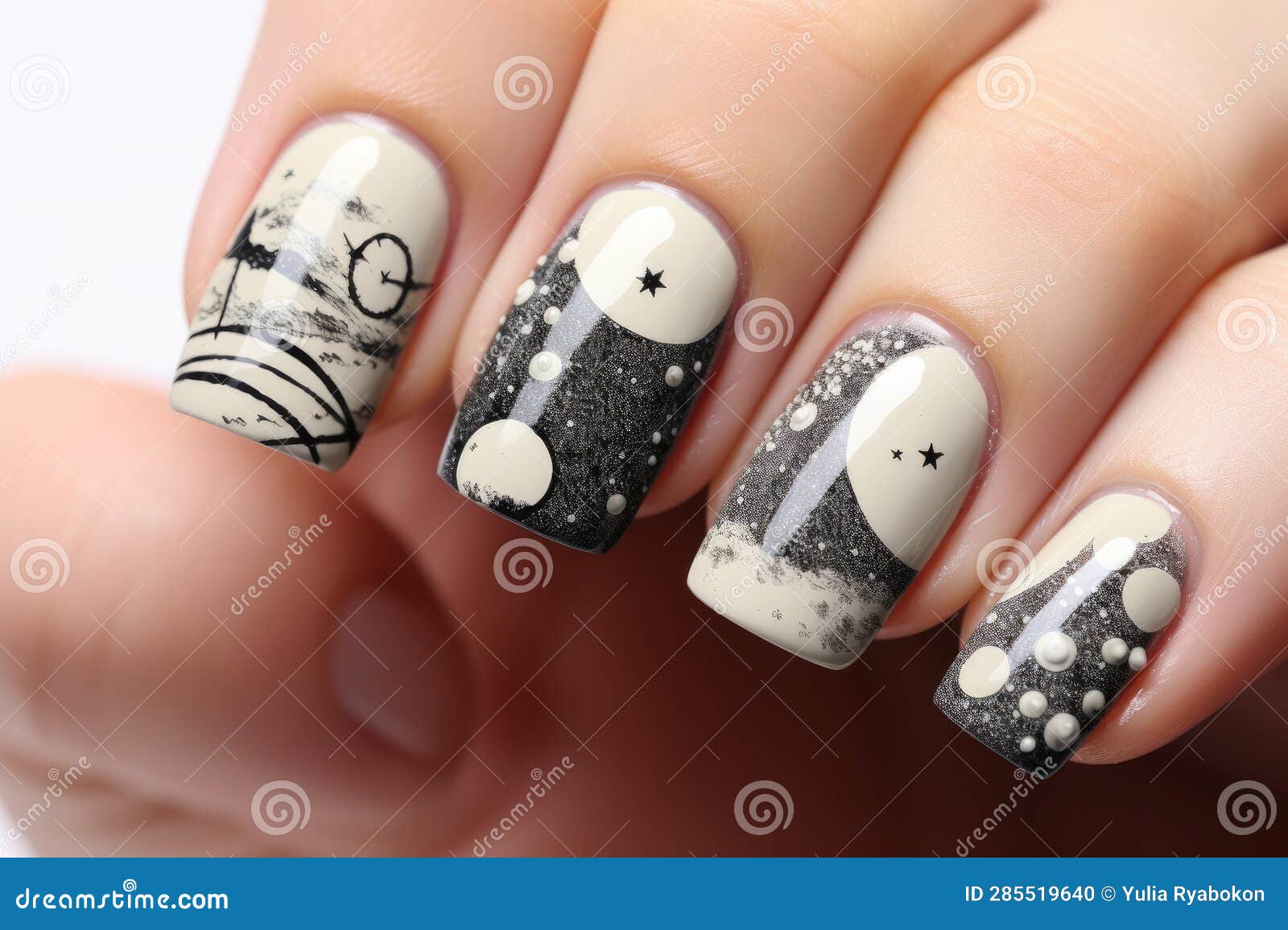 Hand White Black Manicure Nails. Generate Ai Stock Illustration