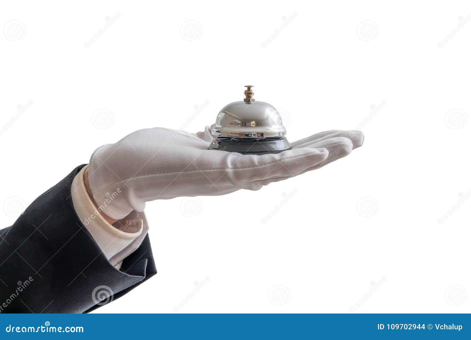 Hand In White Glove Is Holding Service Bell. Isolated On White