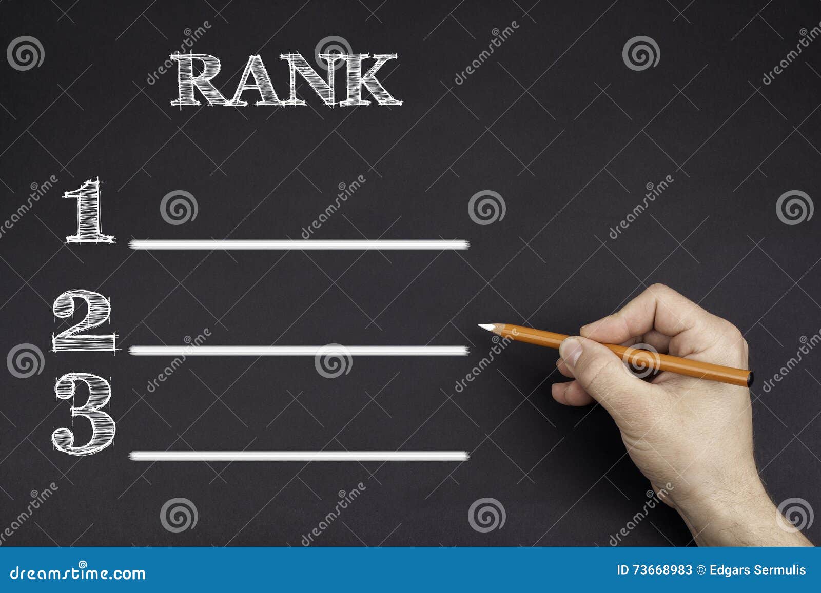 hand with a white pencil writing: rank blank list