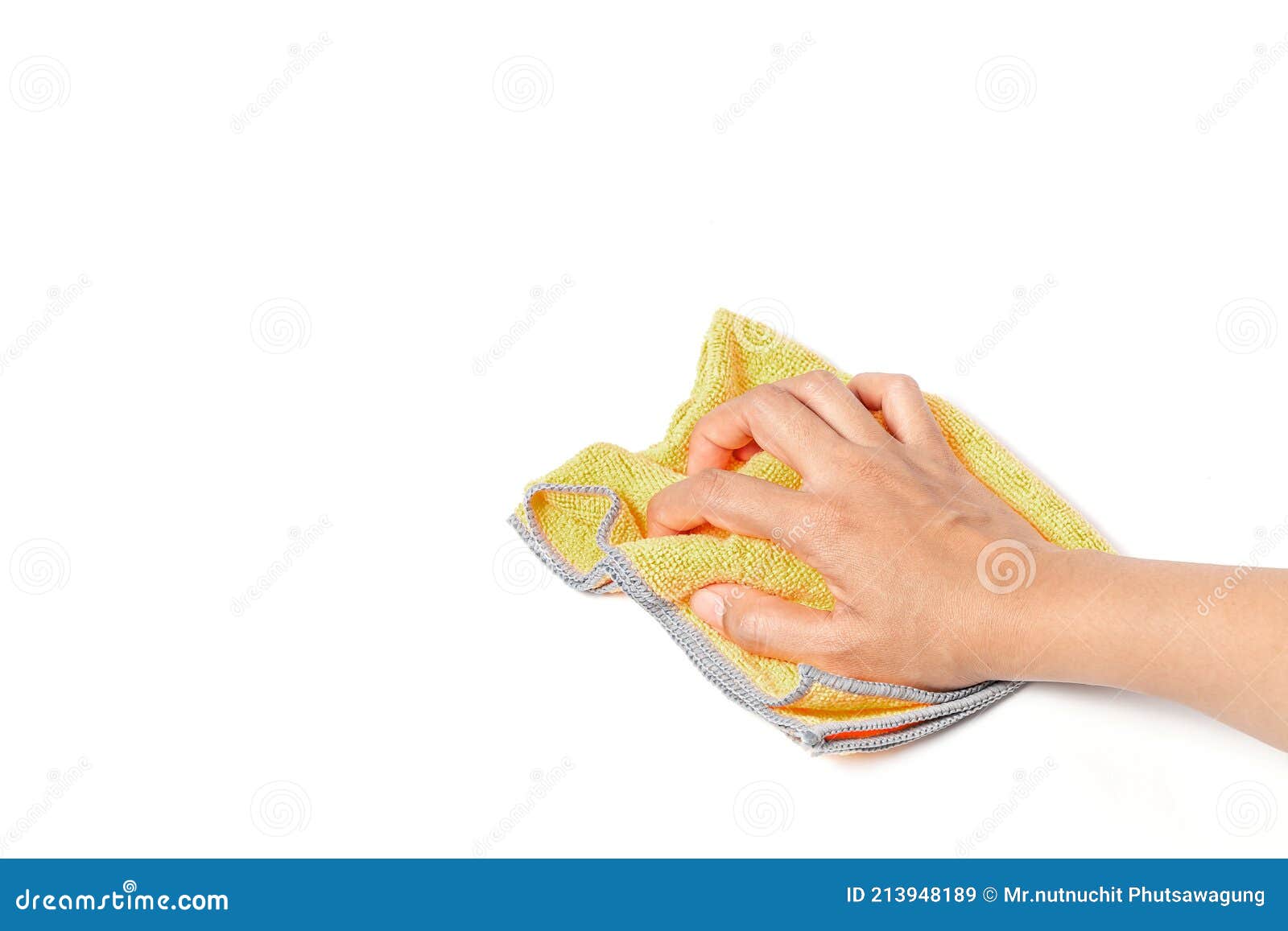 Hand Wiping Surface with Orange Rag Isolated on White Stock Image