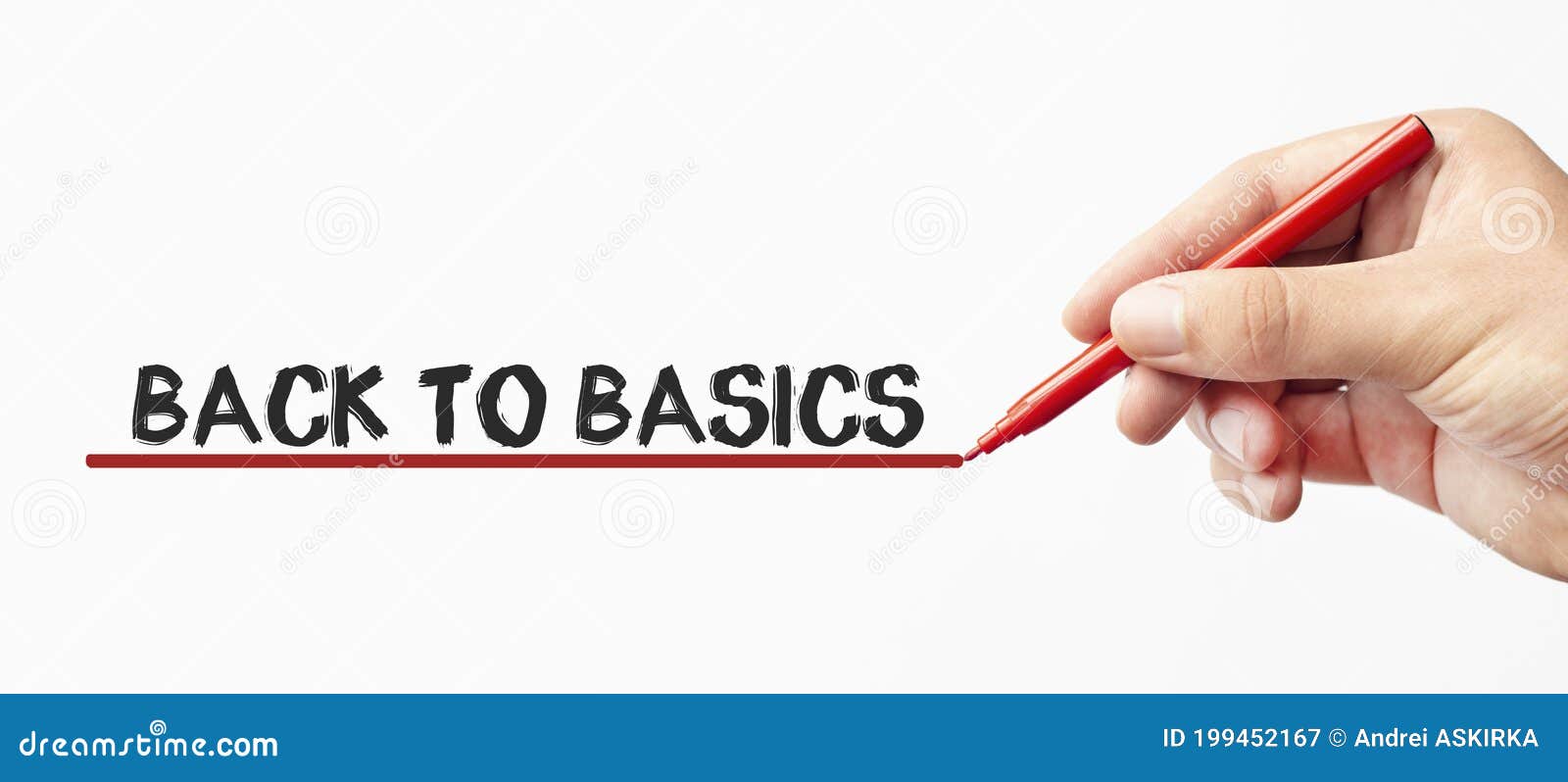 hand writing back to basics with red marker.  on white background. business, technology, internet concept. stock image