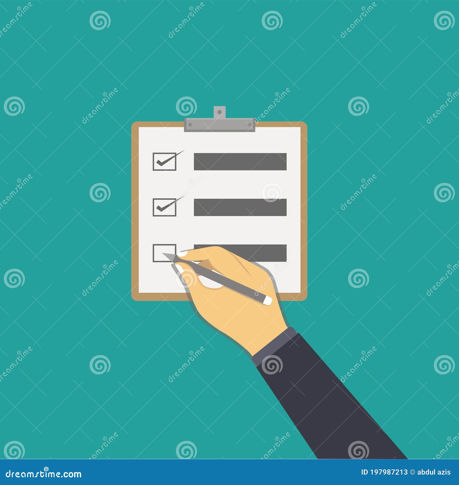 Hand Writing a Checklist on Board Paper, Flat Design Vector