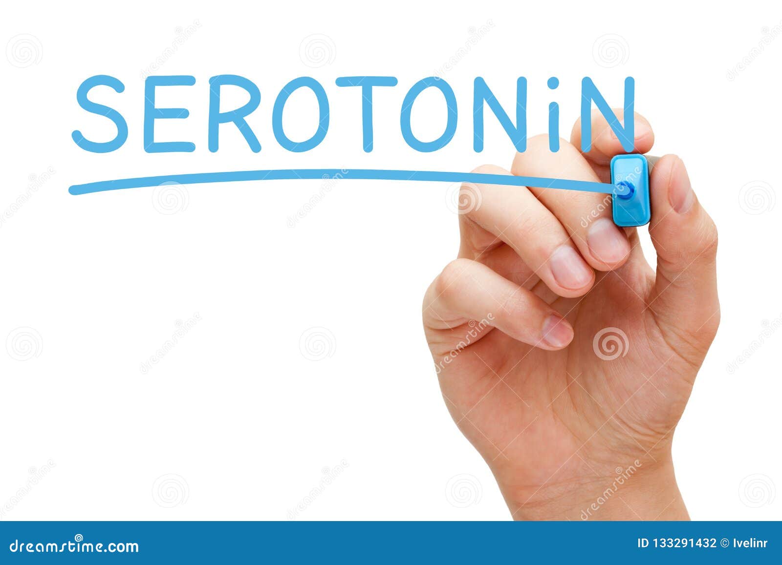 hand writing serotonin with blue marker