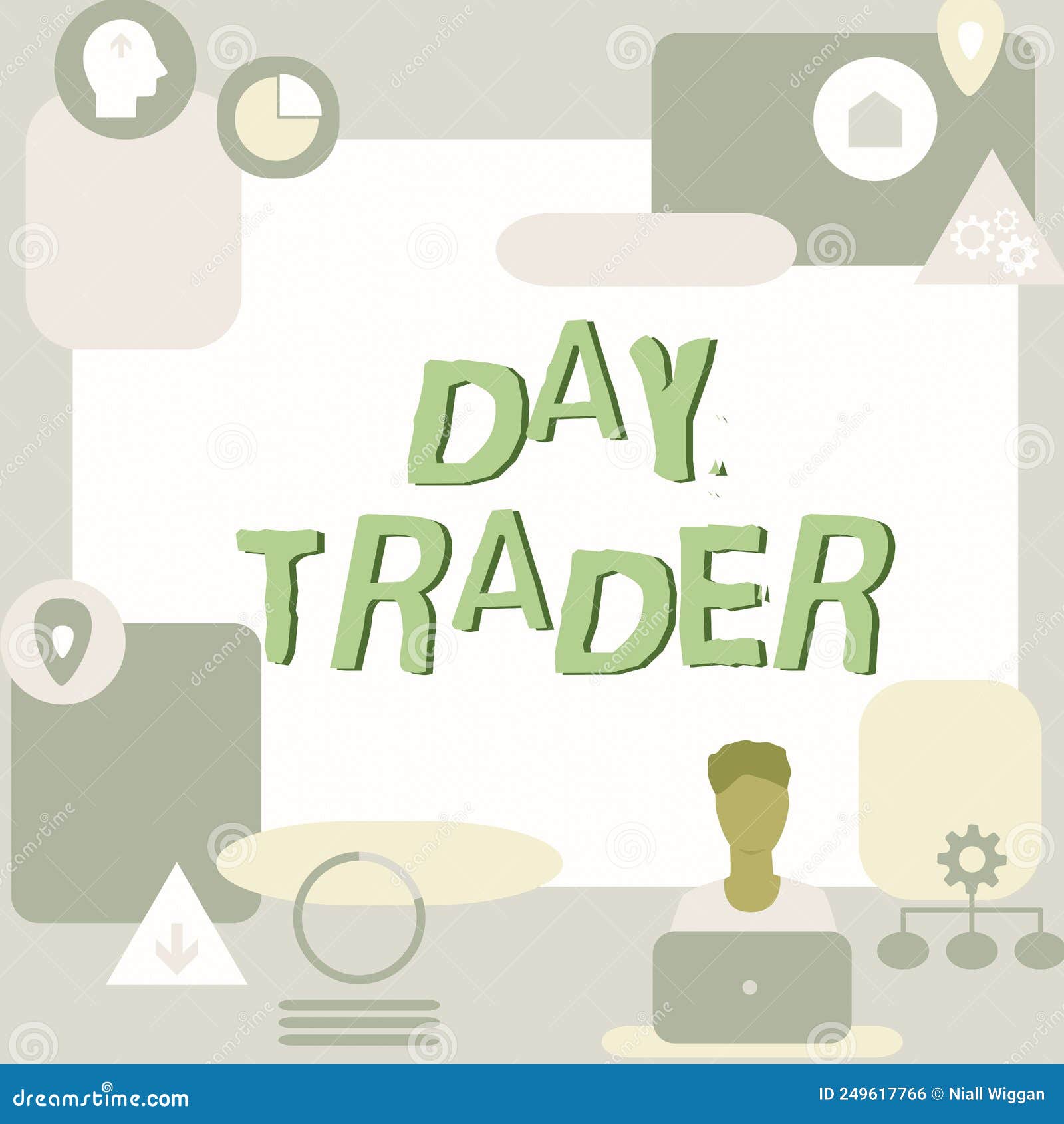 hand writing sign day trader. word written on a person that buy and sell financial instrument within the day man sitting