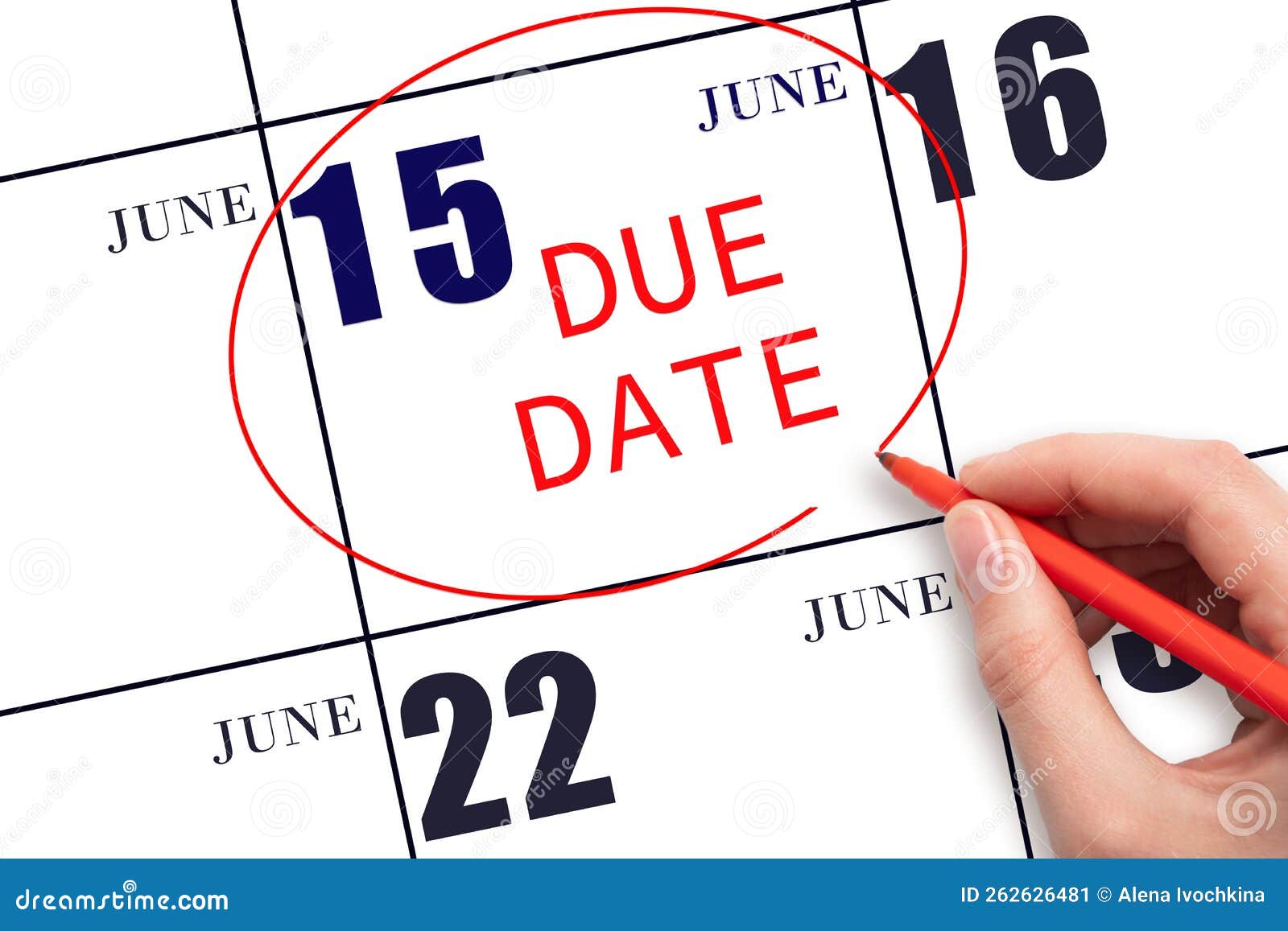 Hand Writing Text DUE DATE on Calendar Date June 15 and Circling it