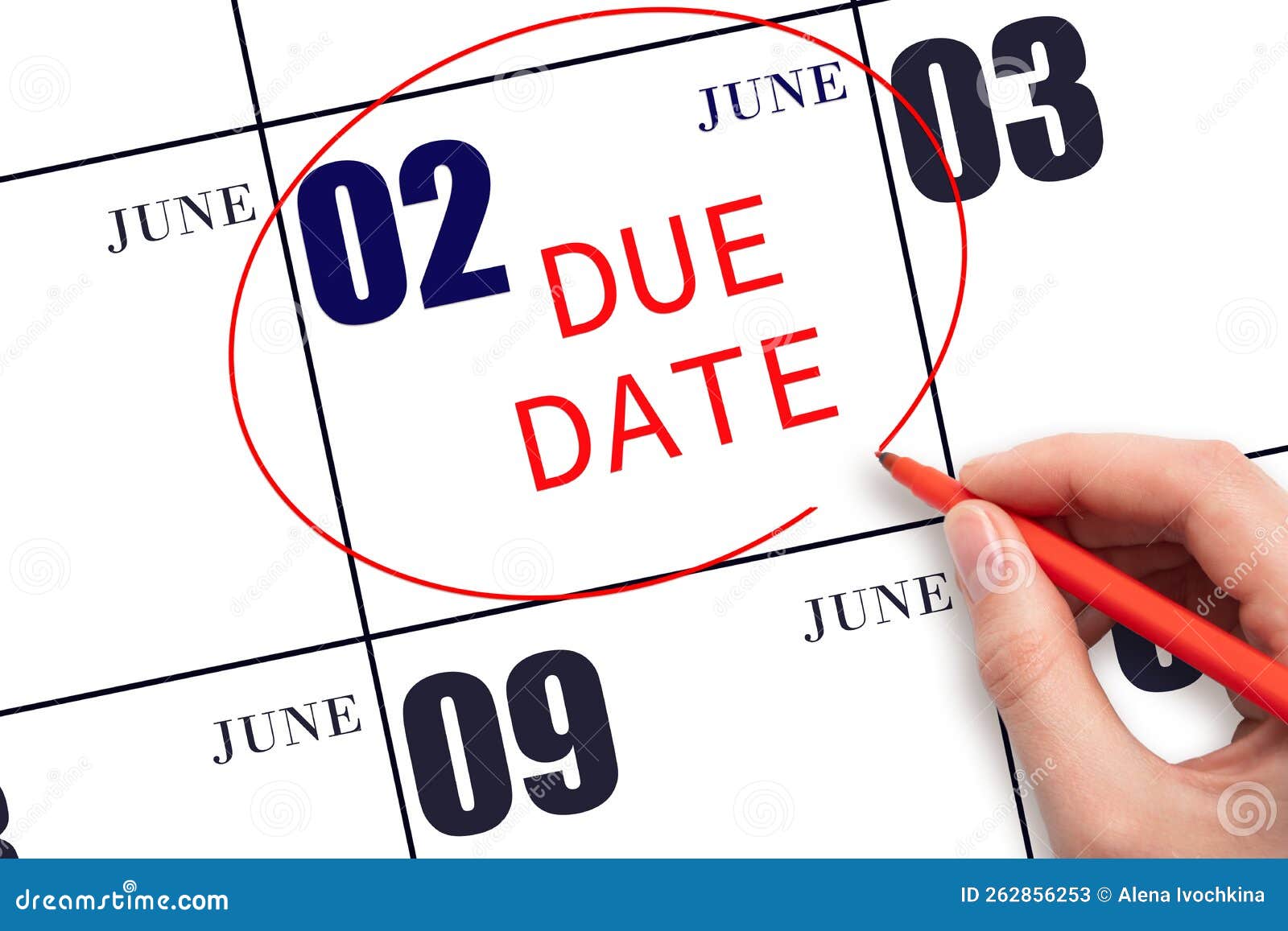 Hand Writing Text DUE DATE on Calendar Date June 2 and Circling it