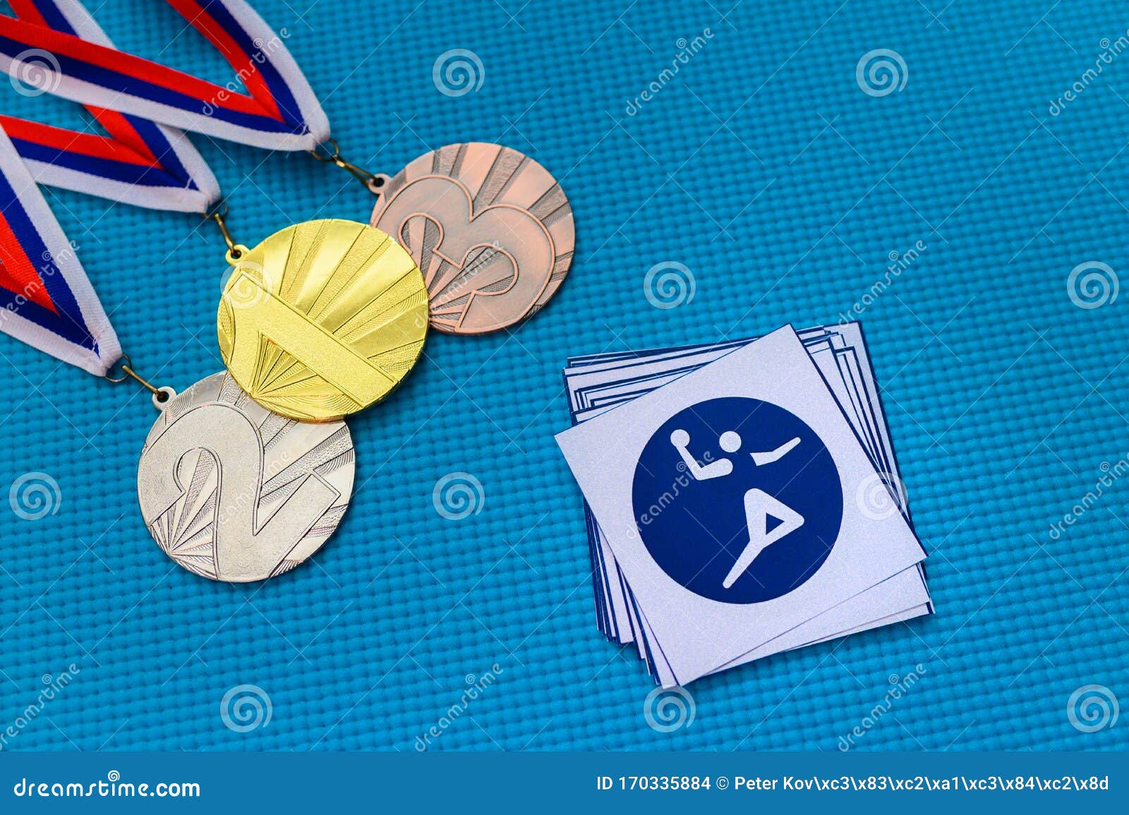 Handball Icon and Medal Set, Gold Silver and Bronze Medal, Blue Background.  Original Wallpaper for Summer Olympic Game in Tokyo Stock Photo - Image of  gold, background: 170335884