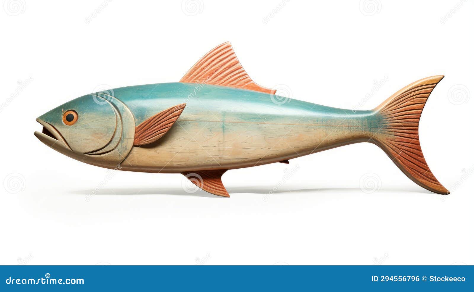 Sleek Carved Wood Fish Sculpture on White Background Stock Photo