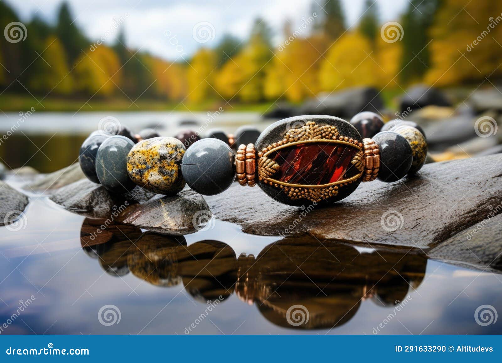 Handcrafted Beaded Bracelet on a Wet River Stone Stock Photo Image of