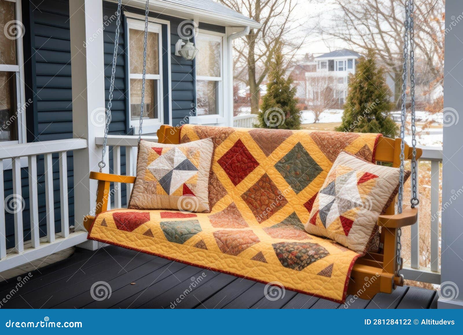 Handcrafted Quilt Displayed on a Charming Porch Swing Stock