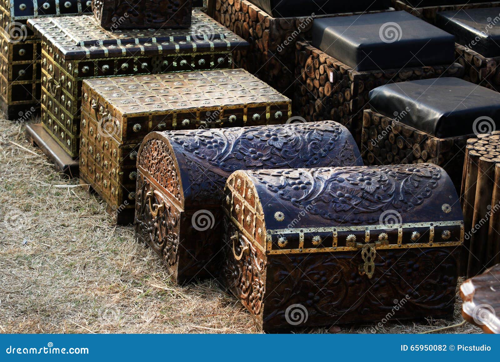 Handcrafted wooden chests stock photo. Image of round 65950082