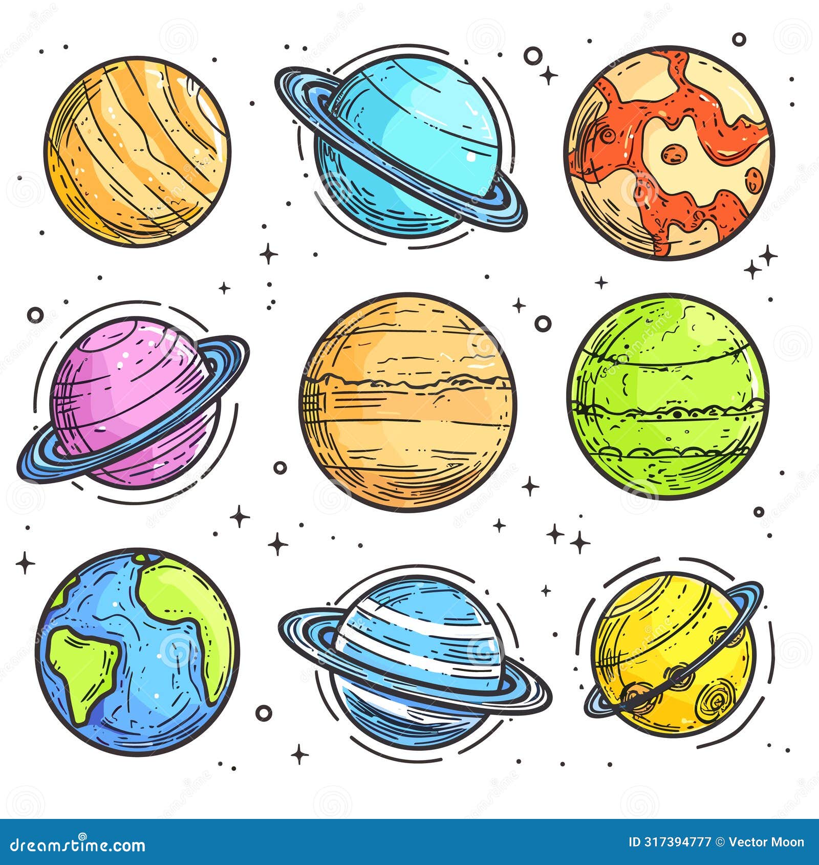 handdrawn colorful planets stars white background, space celestial bodies sketch. solar system