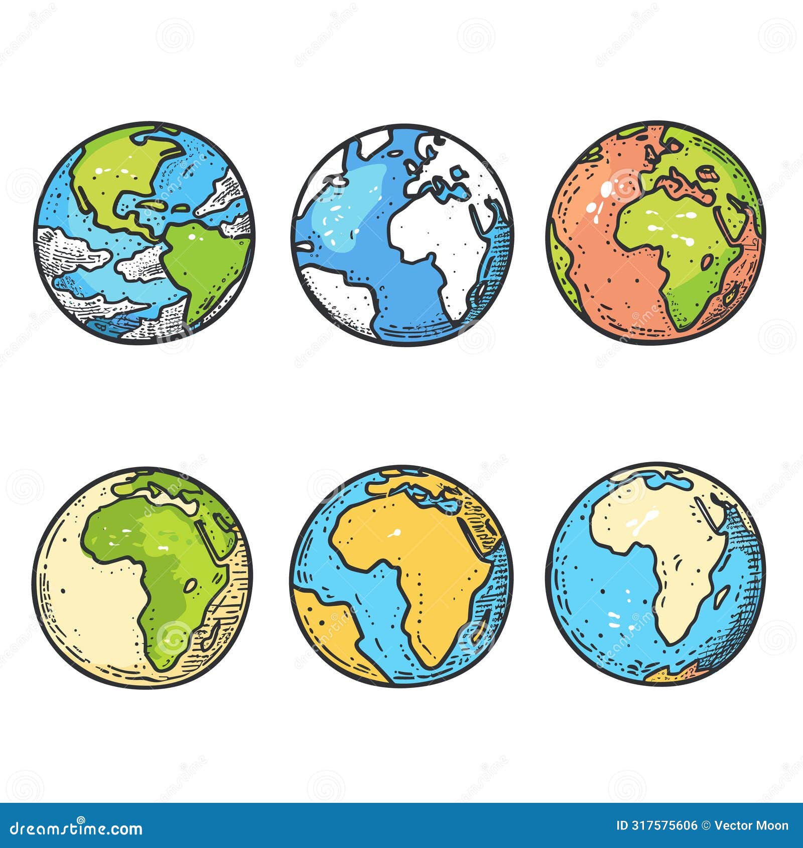 handdrawn globes showcasing various earth continents outlines colorful cartoon style. six