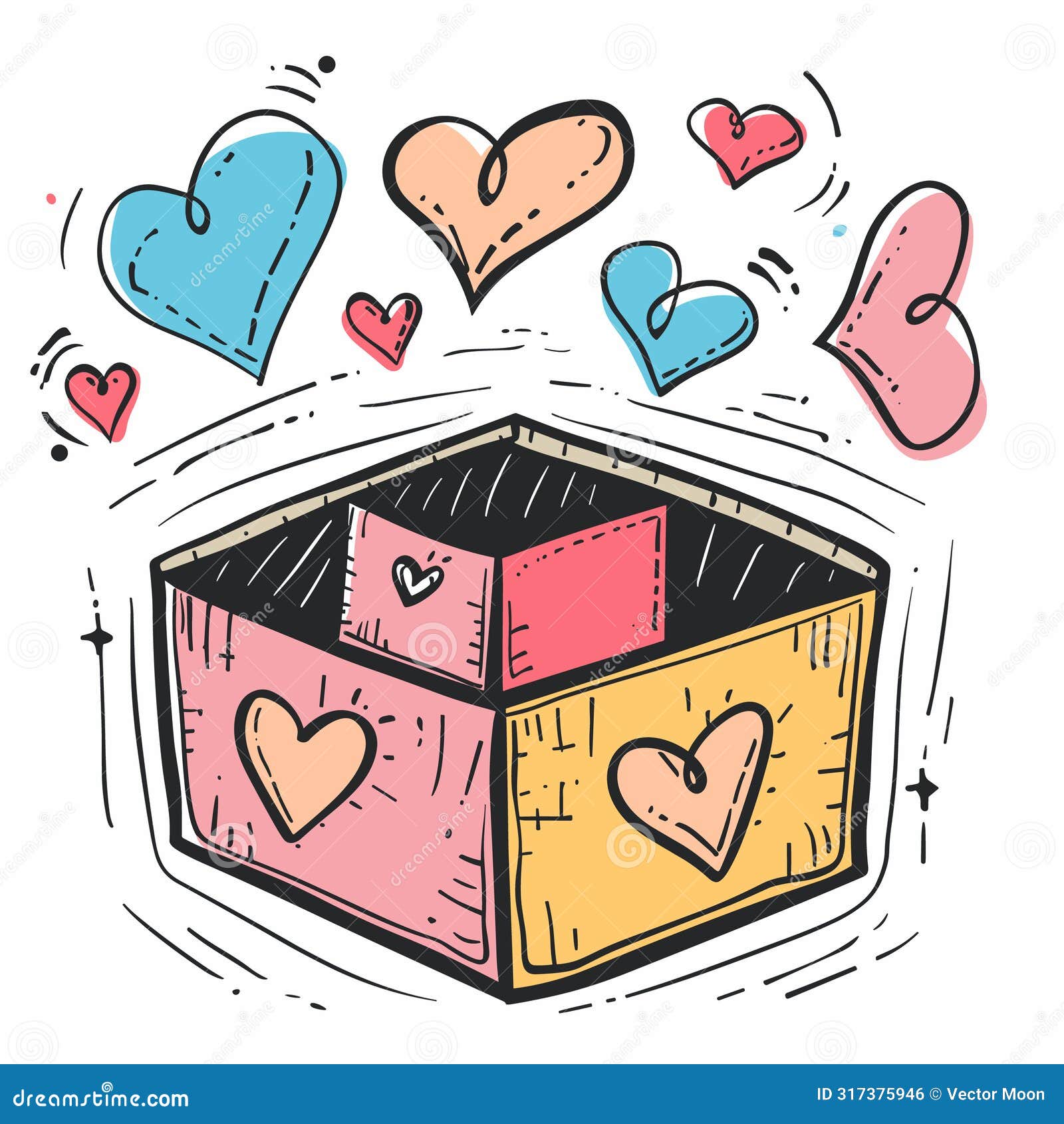 handdrawn hearts floating out colorful box, izing love, generosity, valentines day 