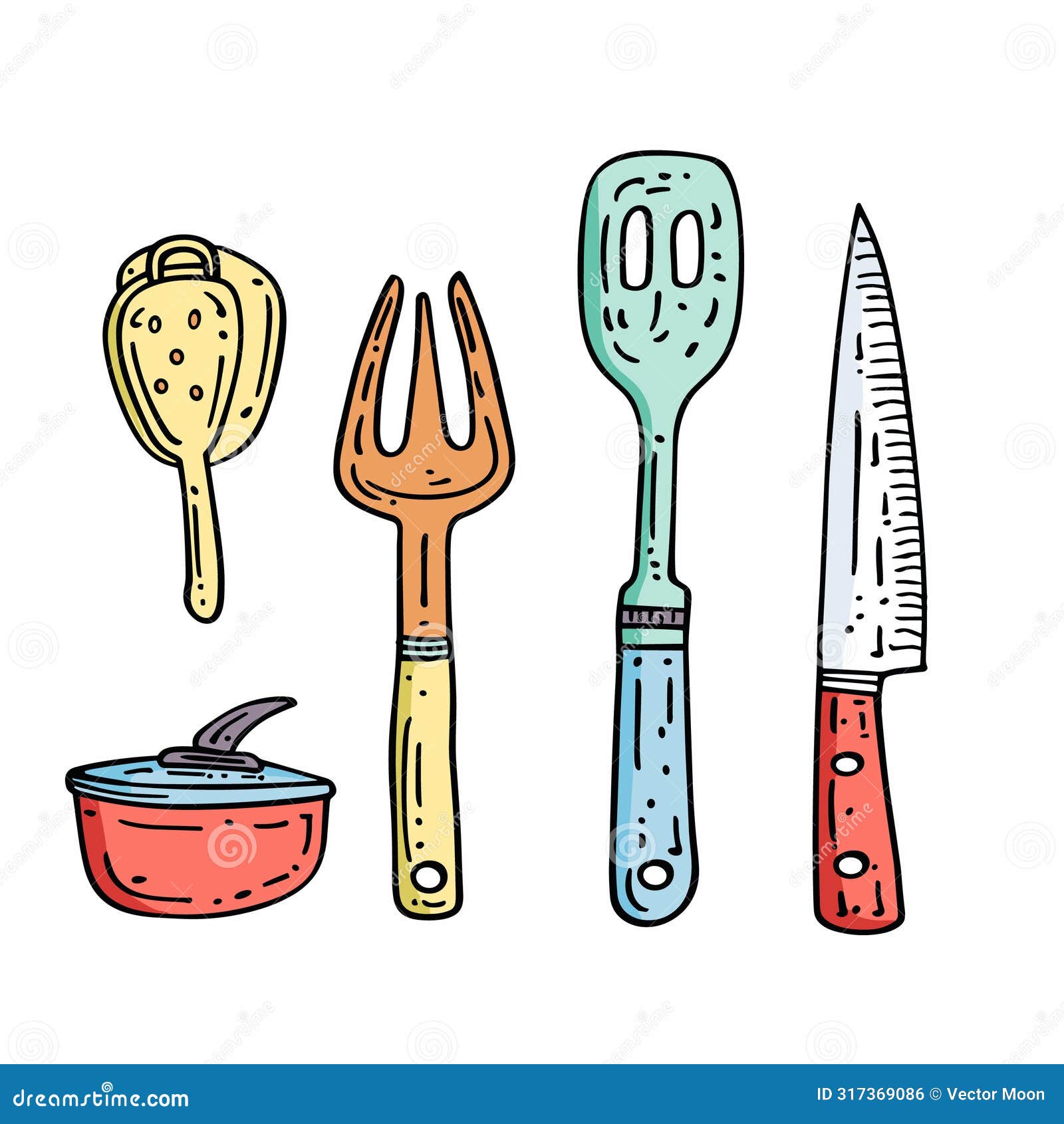 handdrawn kitchen utensils colorful set featuring spatula, fork, slotted spoon, knife, pot soup