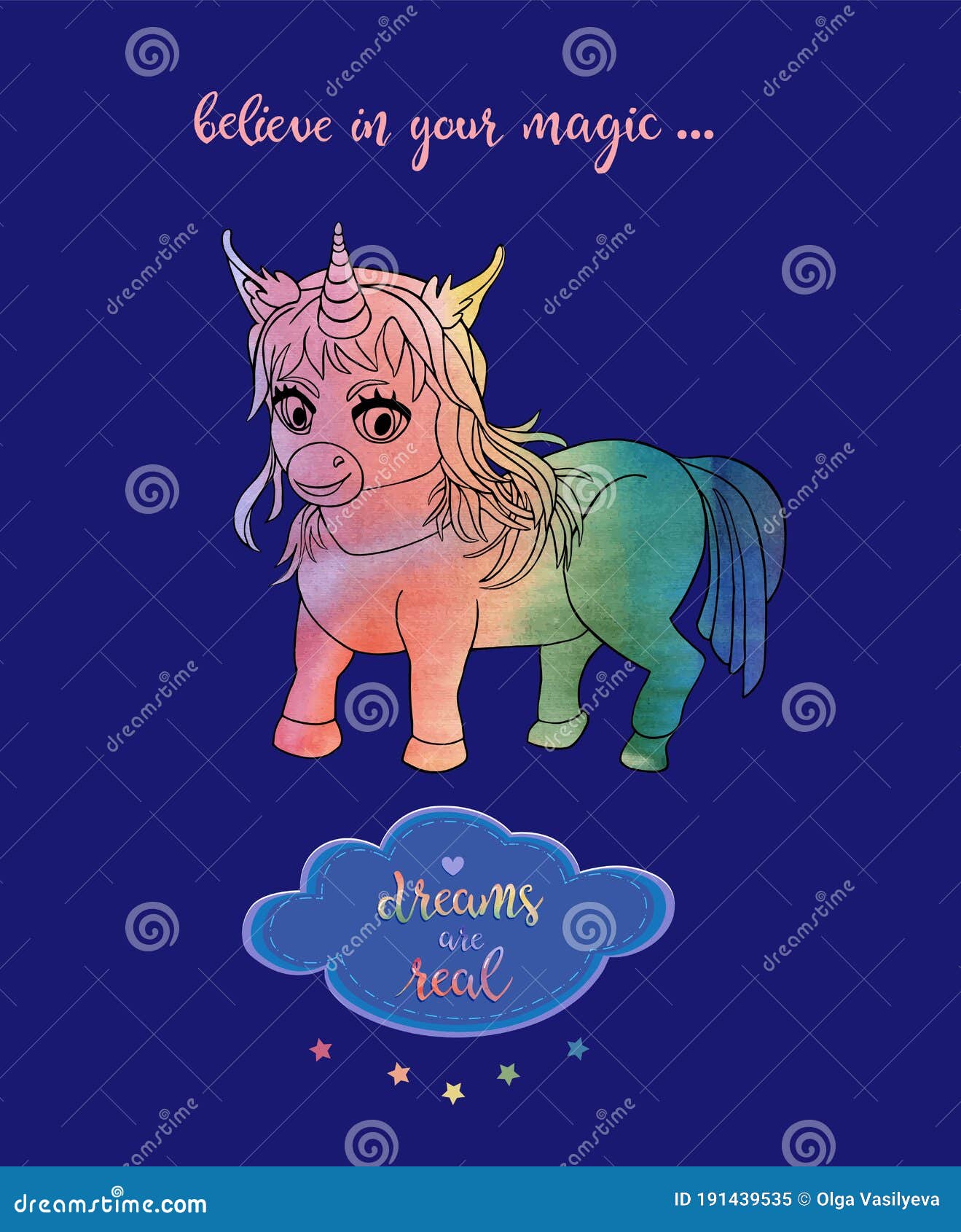 Handdrawn Smiling Unicorn Chibi and Phrase Dreams are Real Isolated on ...