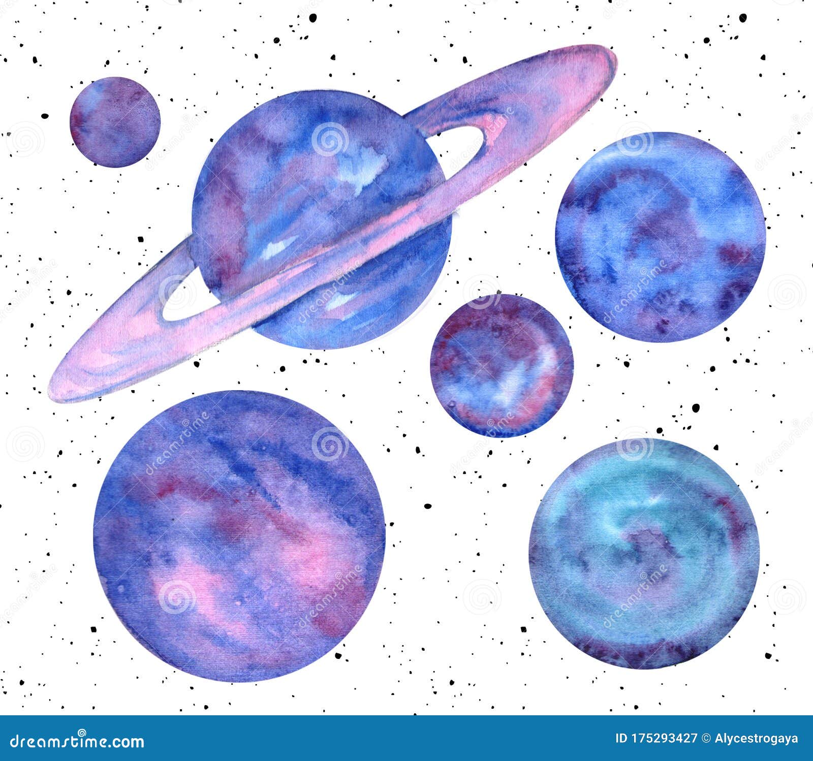 Handdrawn Watercolor Set of Planets Isolated on White Background
