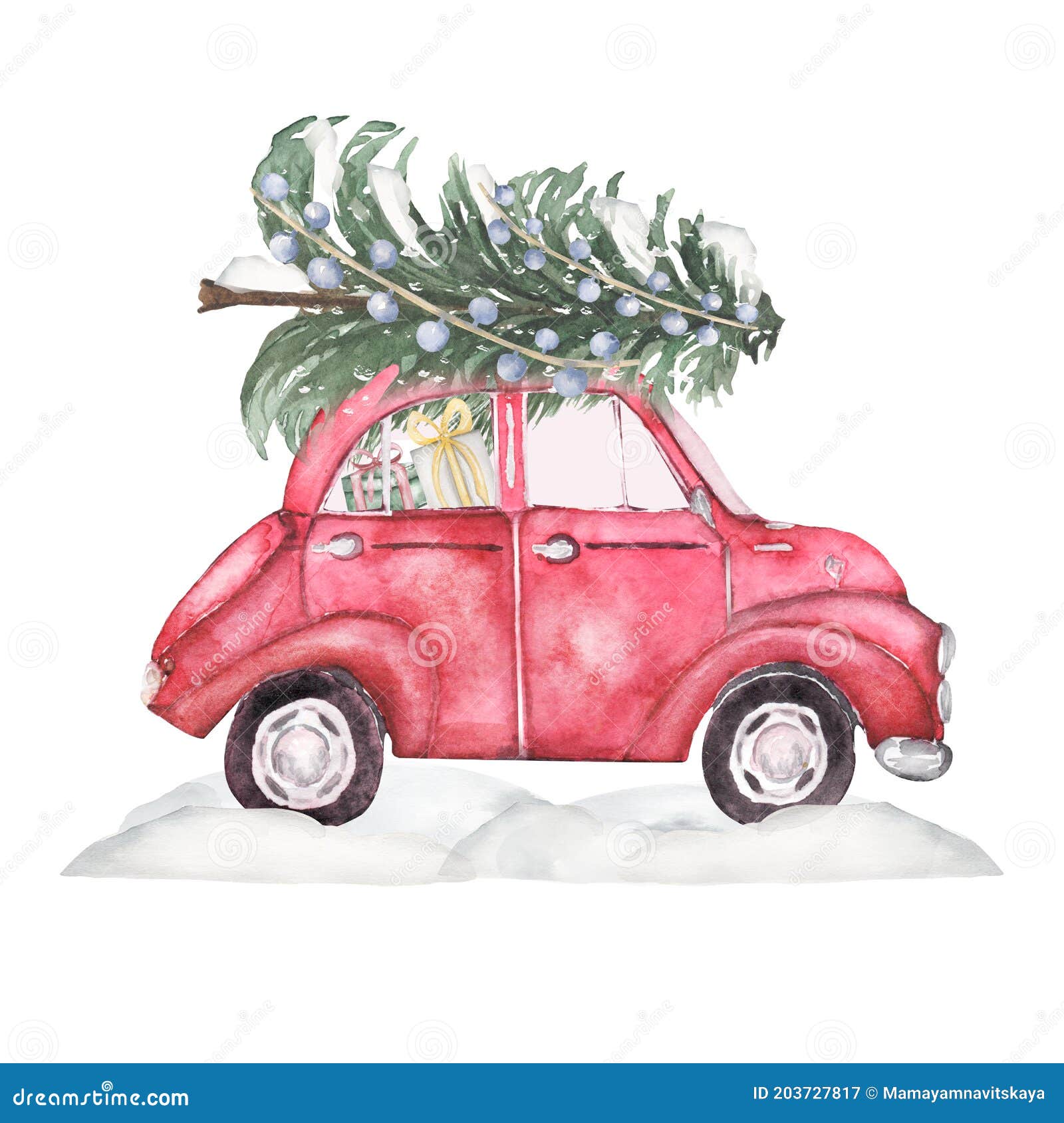 Weihnachtsbaum auf dem auto roter auto-weihnachtsbaum isoliert