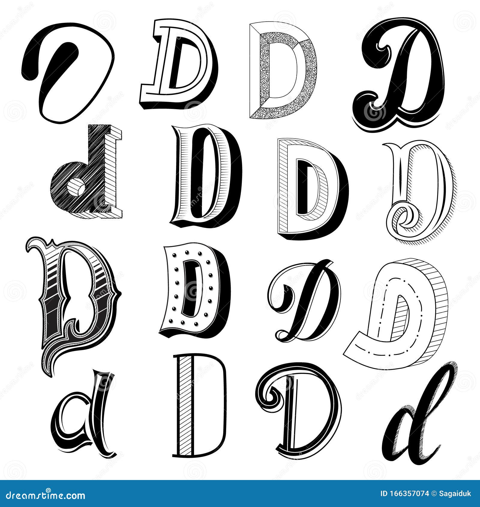 Handgetekende Set Verschillende Schrijfstijlen Voor Letter D Vector ...