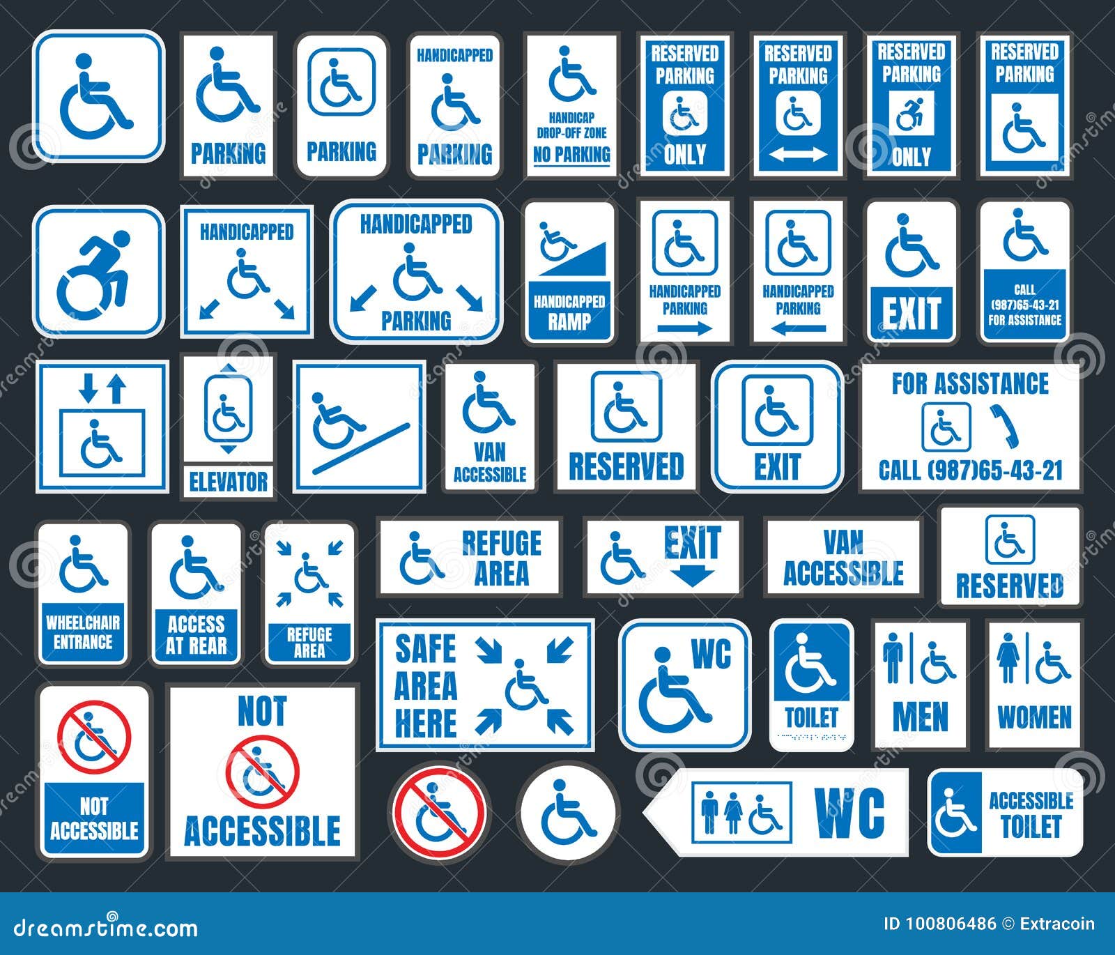 handicap icons, parking and toilet signs, disabled people