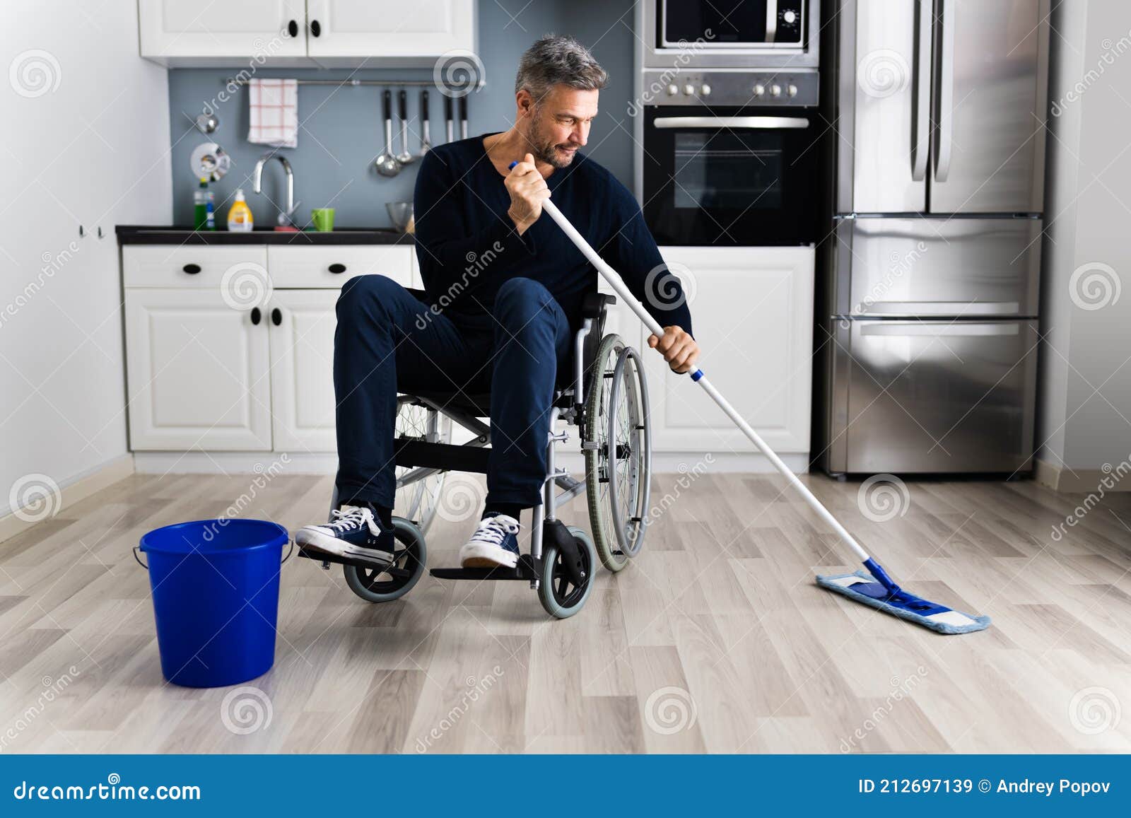 Handicapped Disabled Man Cleaning Kitchen Floor Stock Image Image of