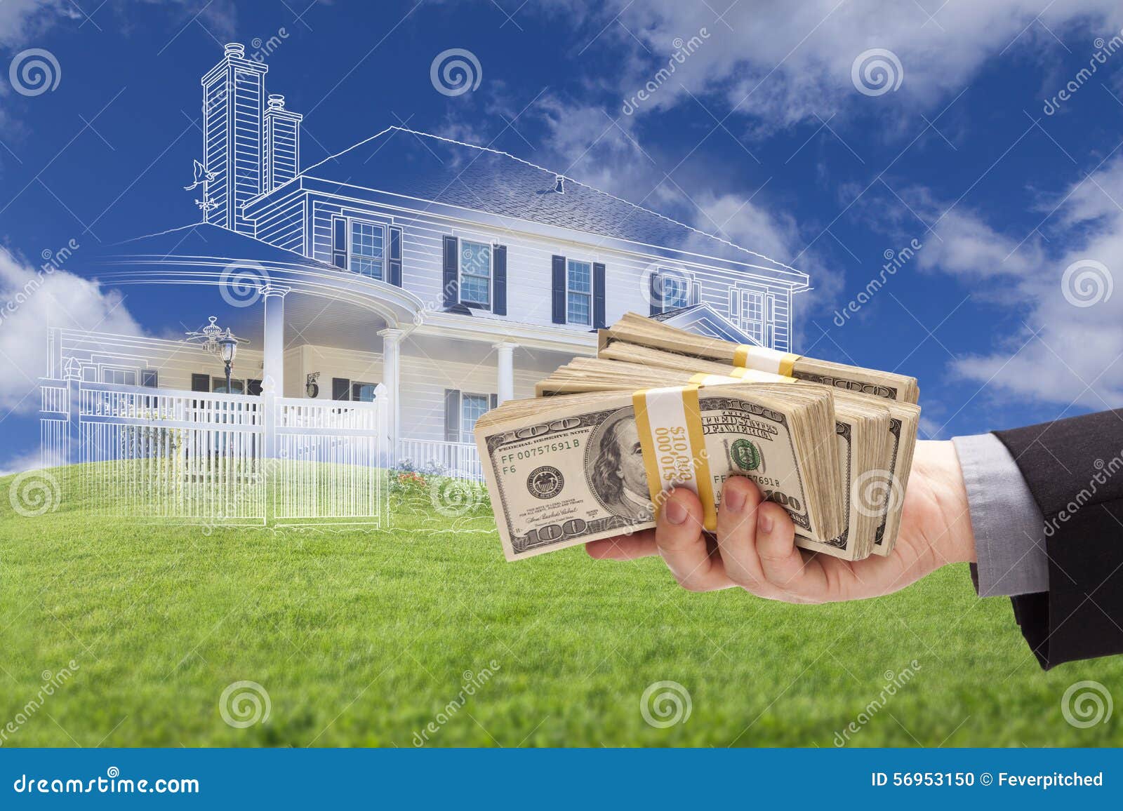 handing over thousands of dollars with ghosted house drawing beh