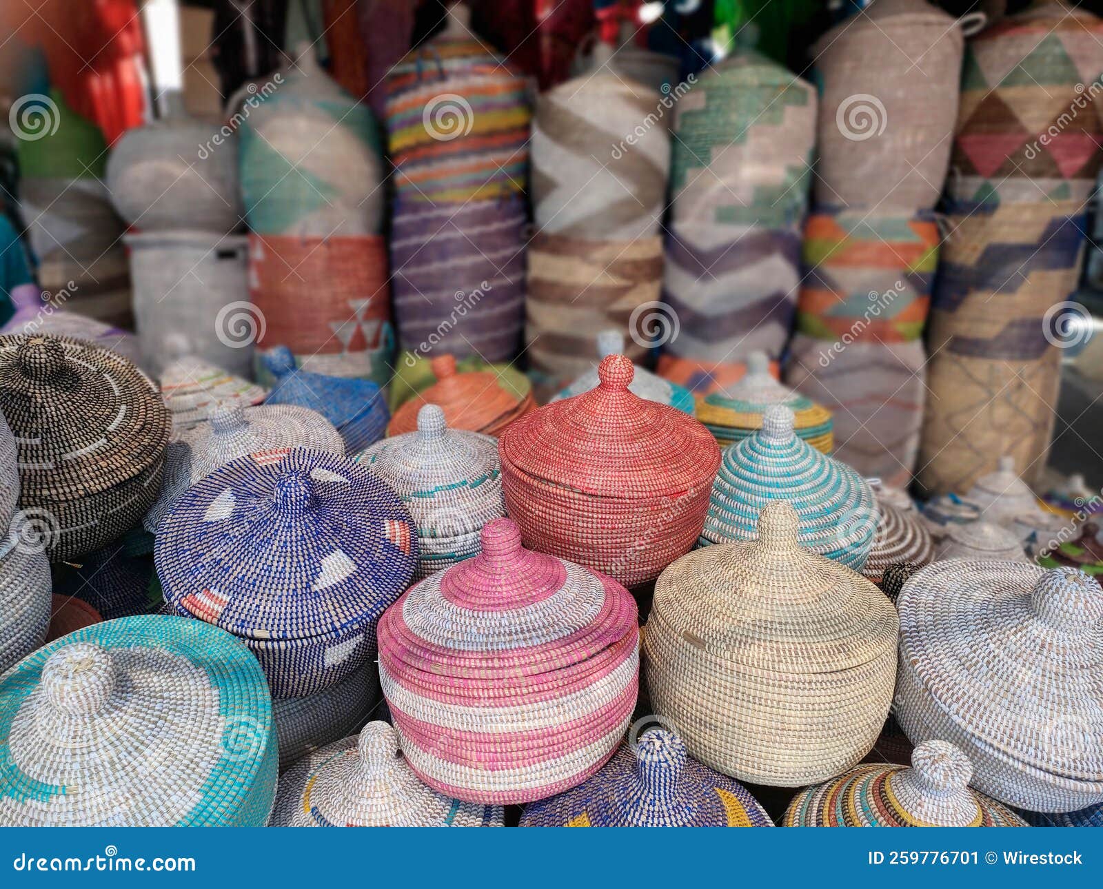 Handmade African Wicker Baskets in Different Sizes and Colours Stock