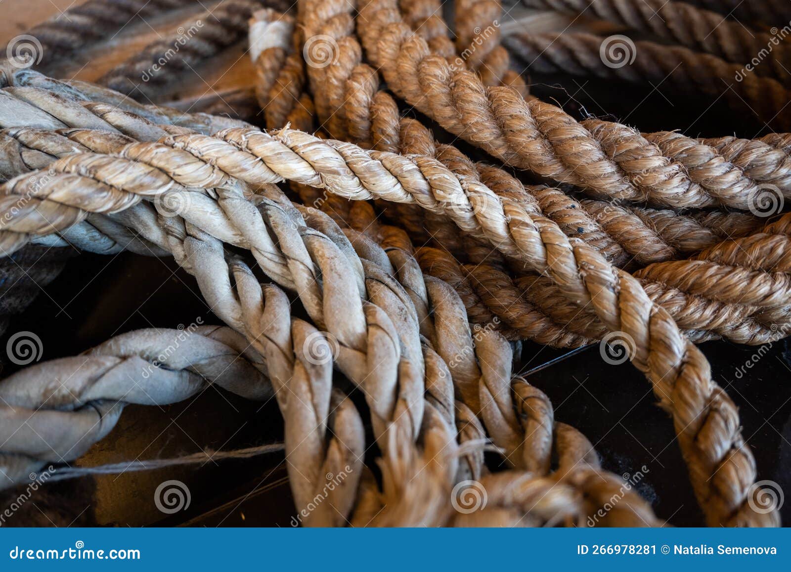 Handmade Bast String, Coils of Thick Rope for a Boat Stock Image