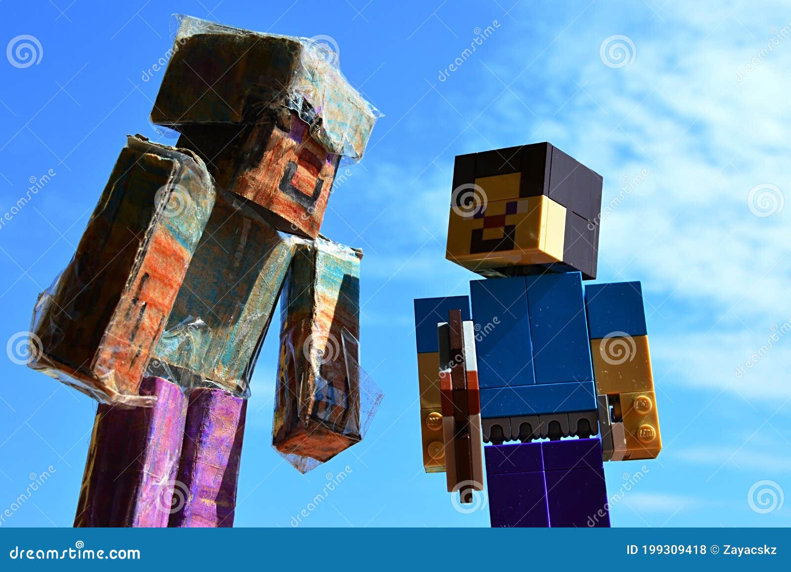 Handmade Cardboard Steve from Minecraft Talk with Large LEGO Steve