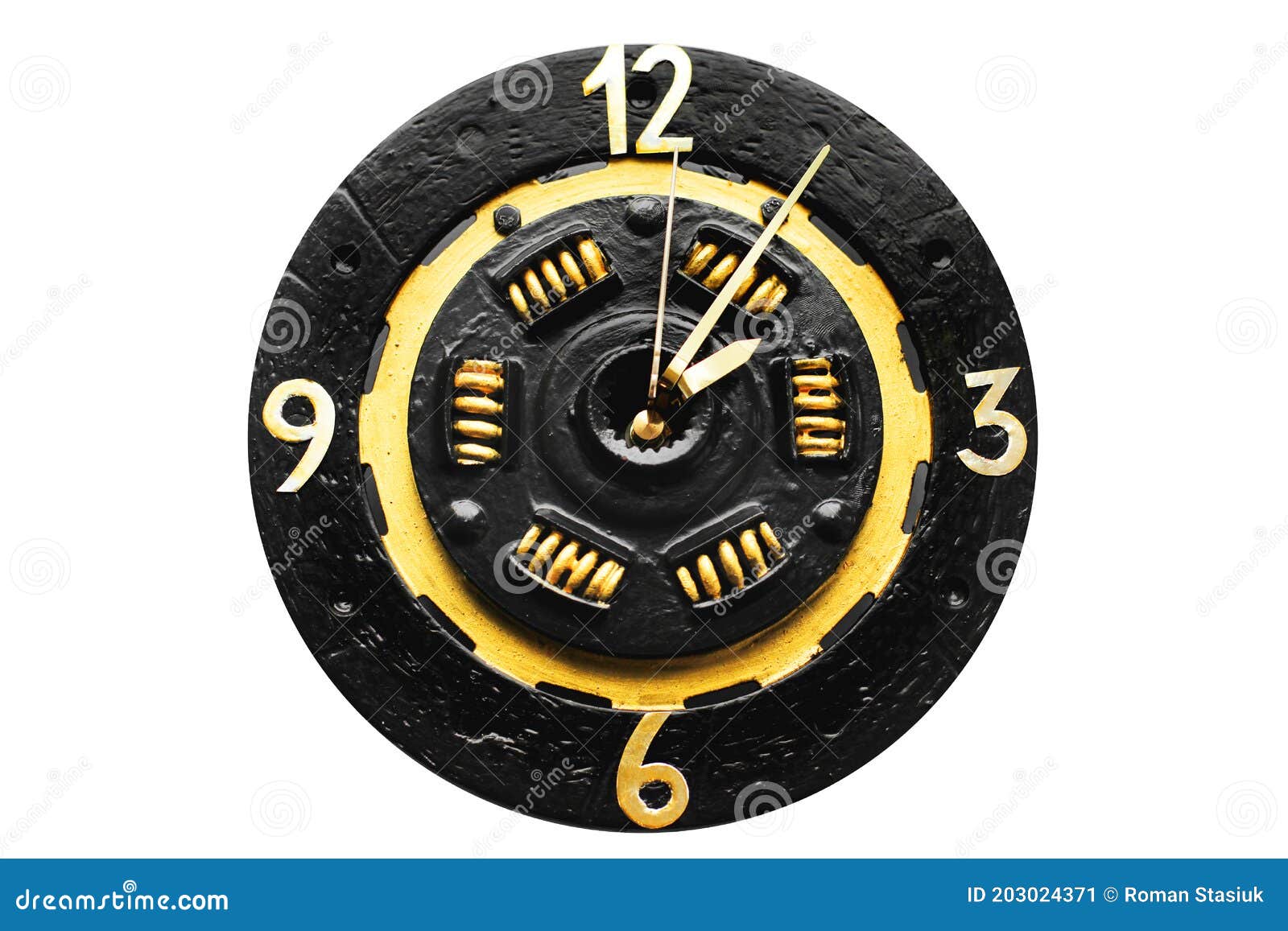 Handmade Clock On A White Background. A Clock From A Car Clutch Disc. Black Watch With Gold