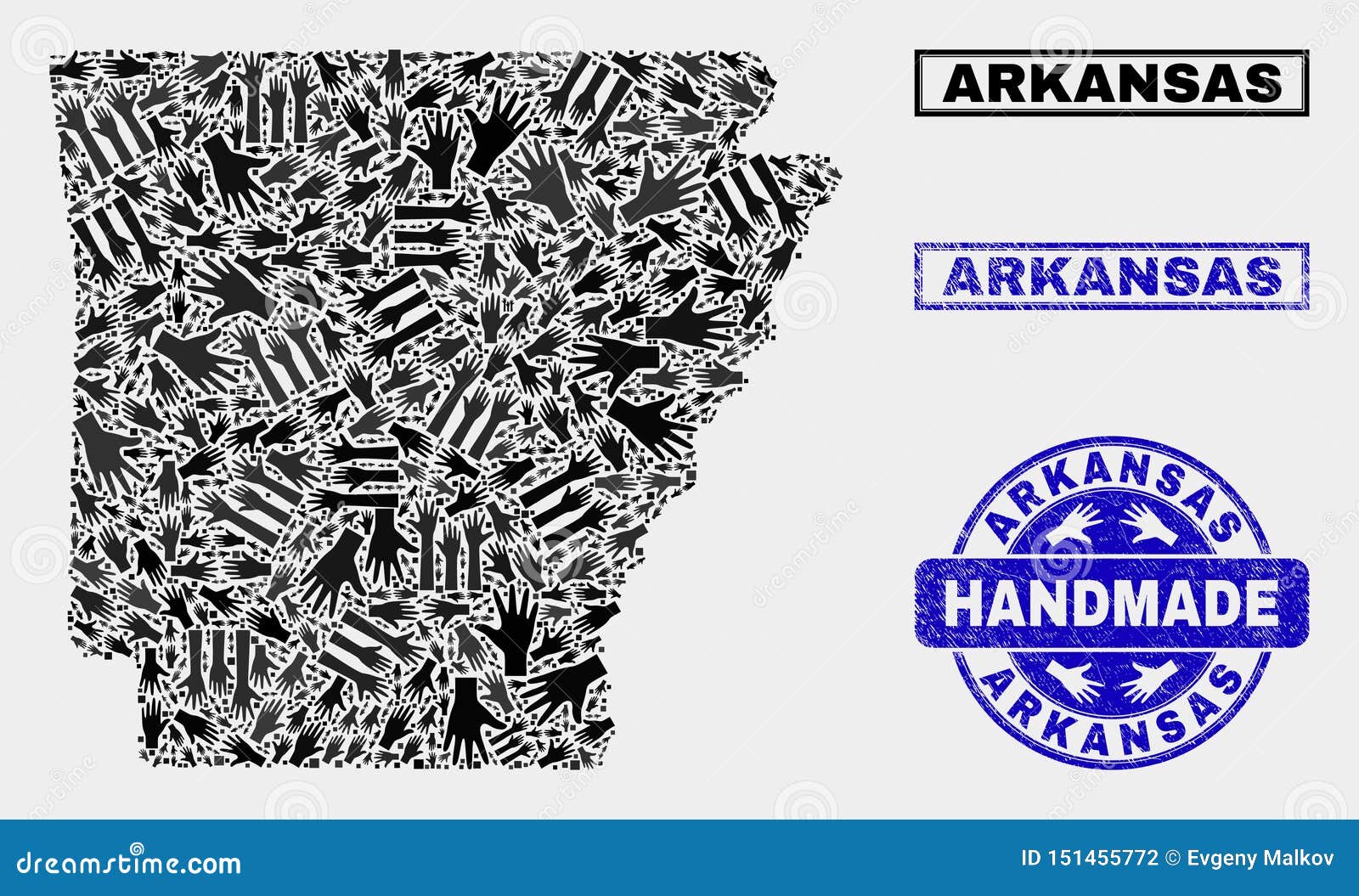 Handmade Composition of Arkansas State Map and Scratched Stamp Stock