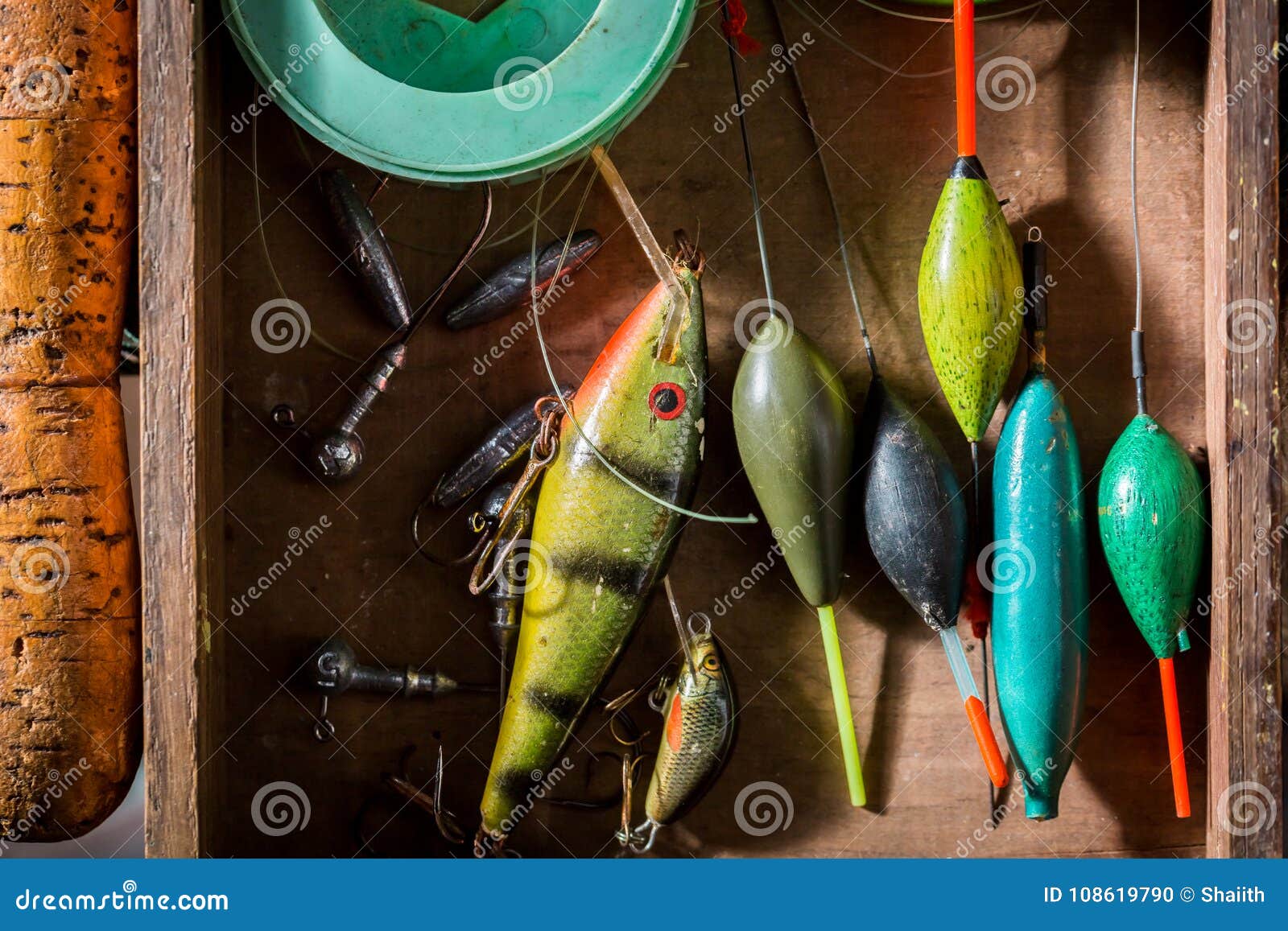 Handmade Fishing Tackle with Floats, Hooks and Rods Stock Photo - Image of  leisure, angling: 108619790